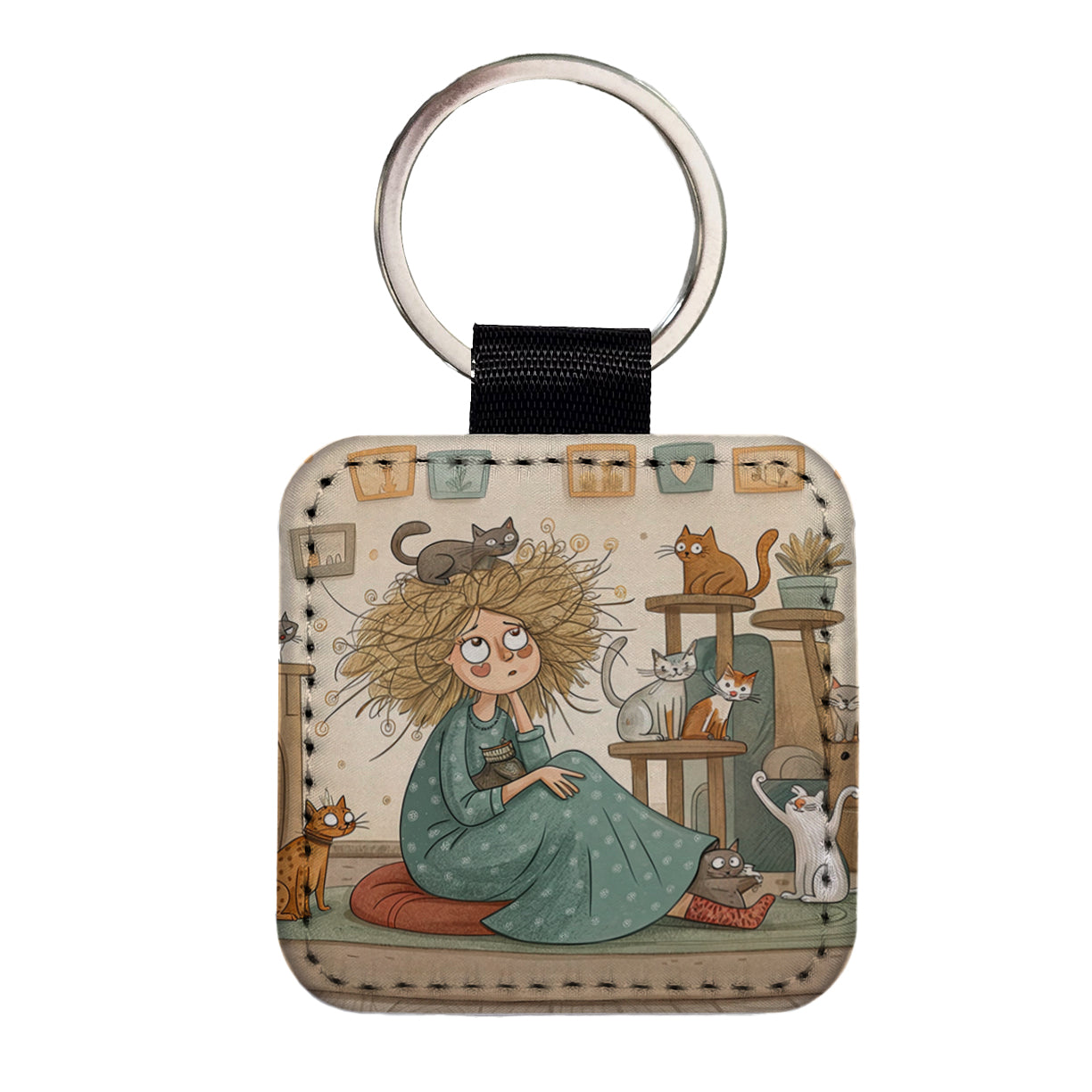 Cartoon of Crazy Cat Lady Home Square Faux Leather Keychain