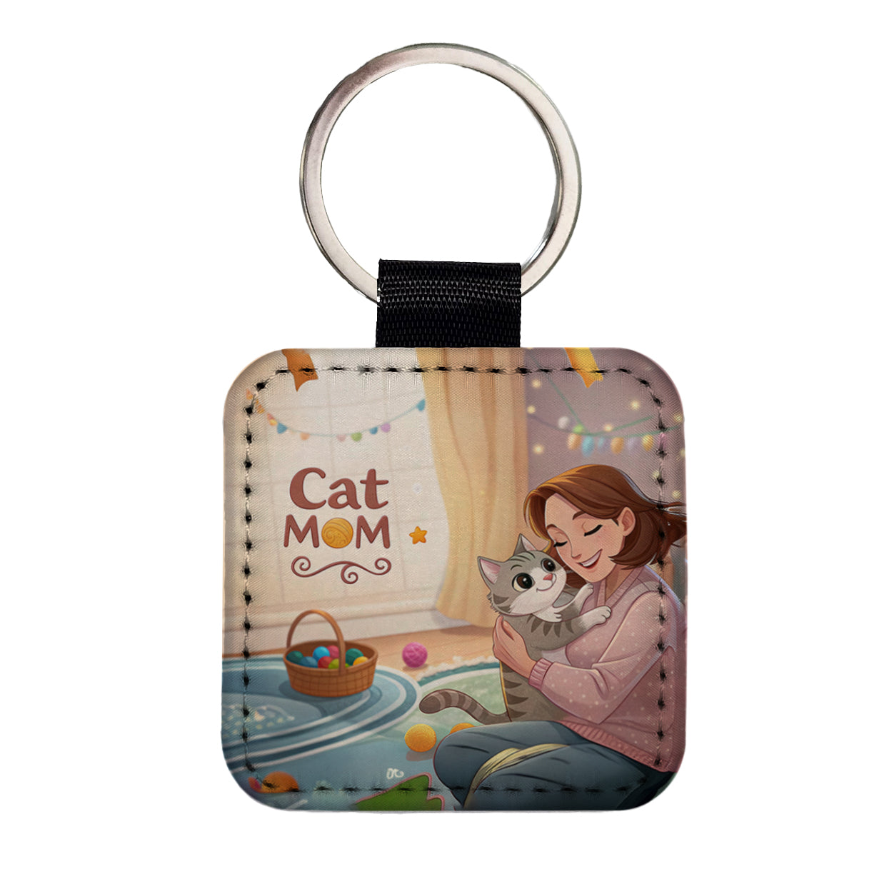 Cat Mom Cartoon Square Faux Leather Keychain
