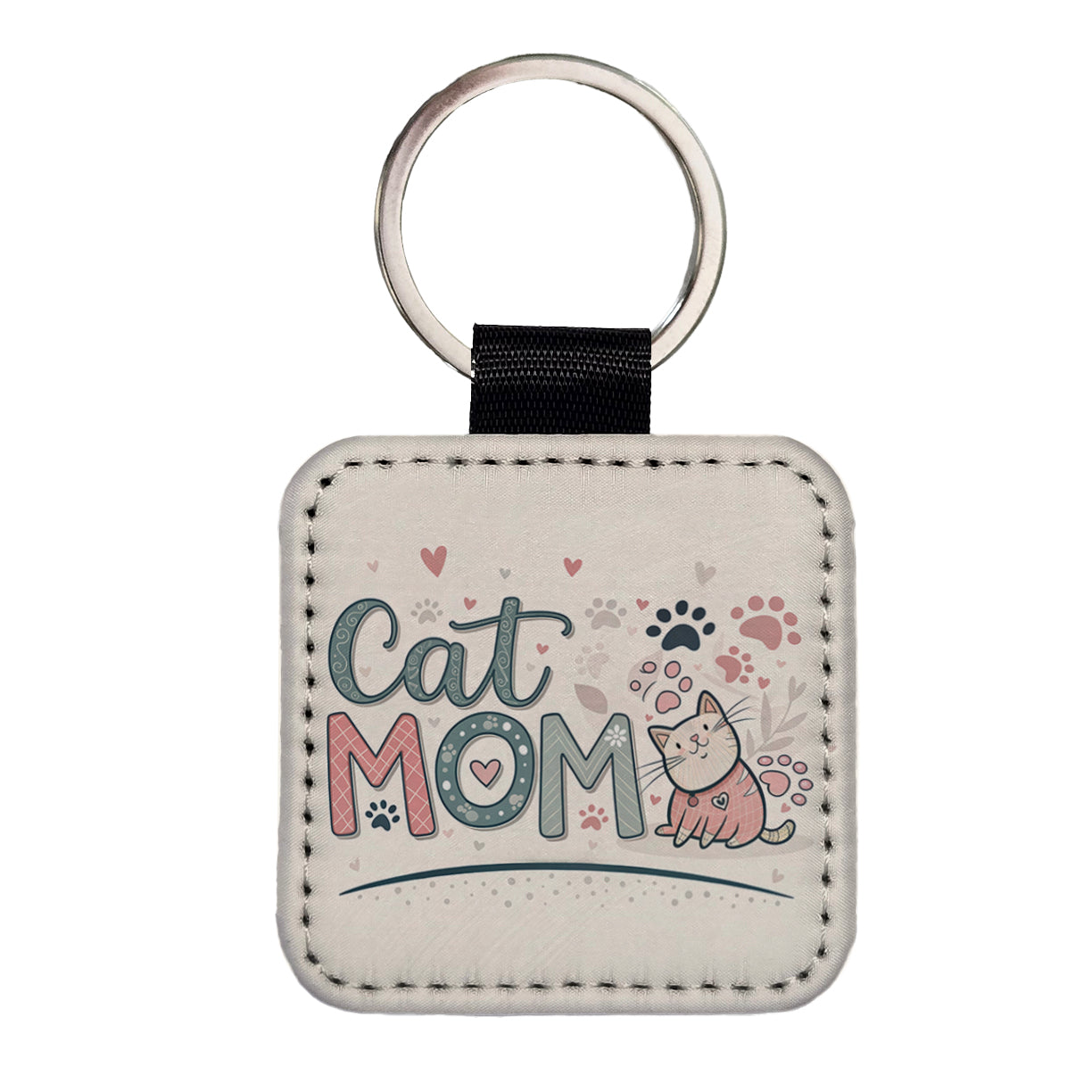 Cat Mom Cute Square Faux Leather Keychain