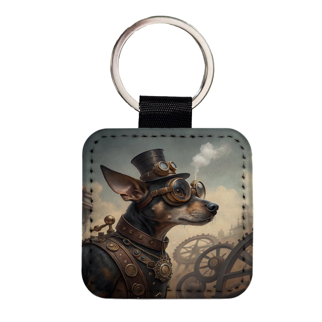 Chiweenie Dog Steampunk Square Faux Leather Keychain