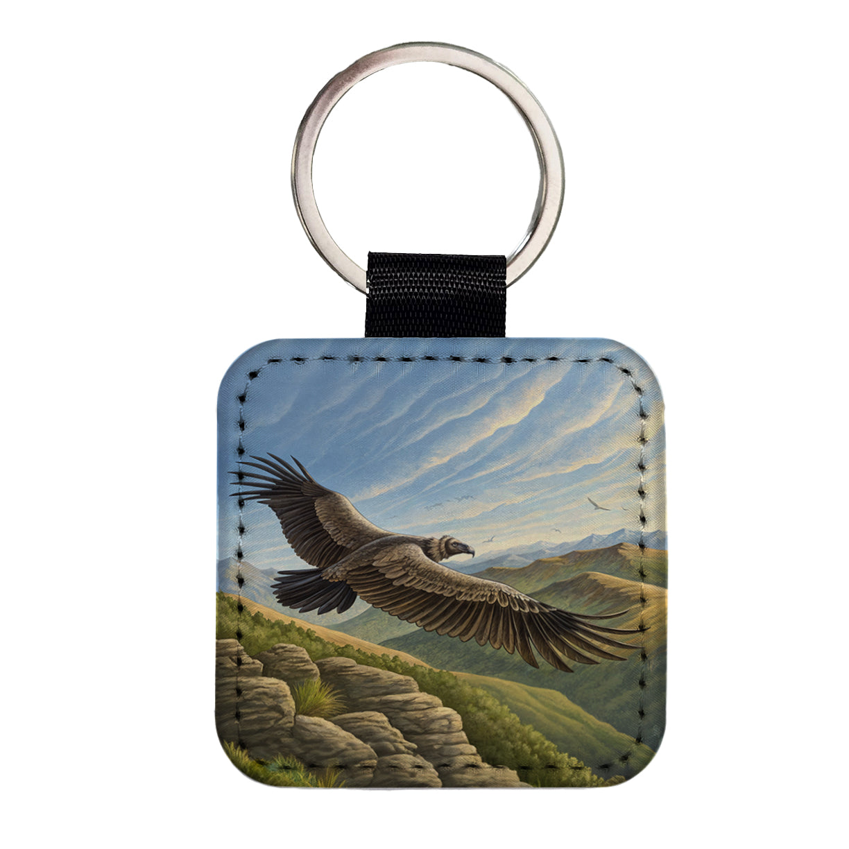 Condor in Flight Illustration Square Faux Leather Keychain