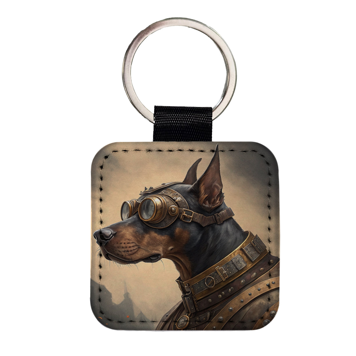 Doberman Pinscher Dog Steampunk Square Faux Leather Keychain