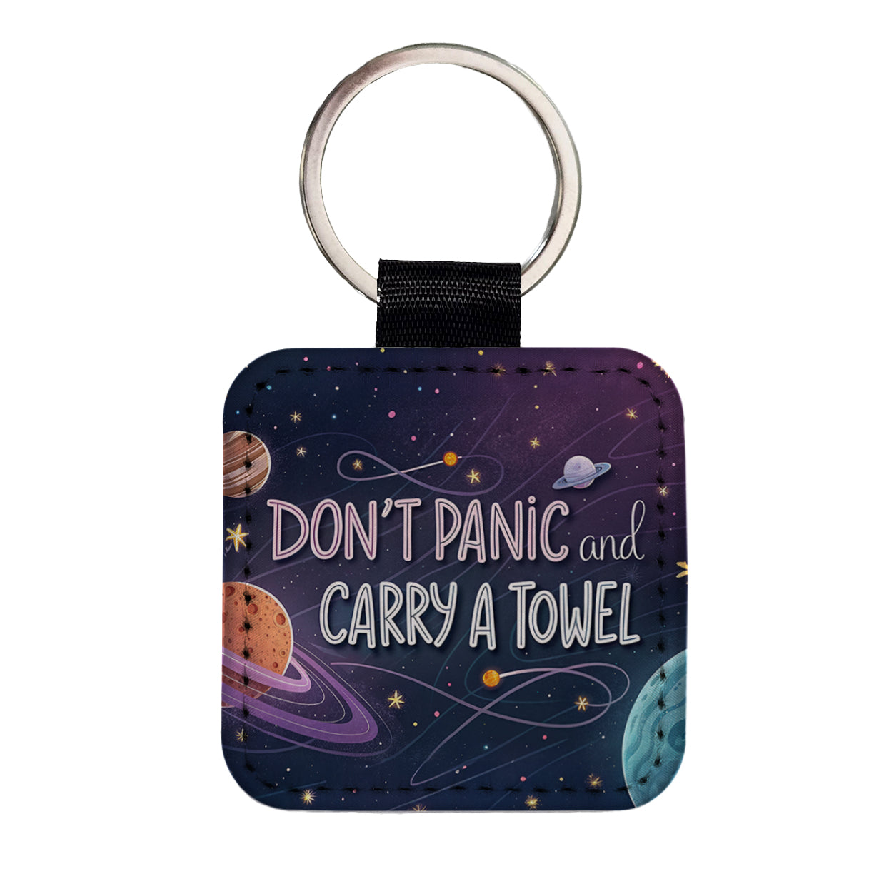 Don't Panic And Carry A Towel Funny Sci-Fi Square Faux Leather Keychain