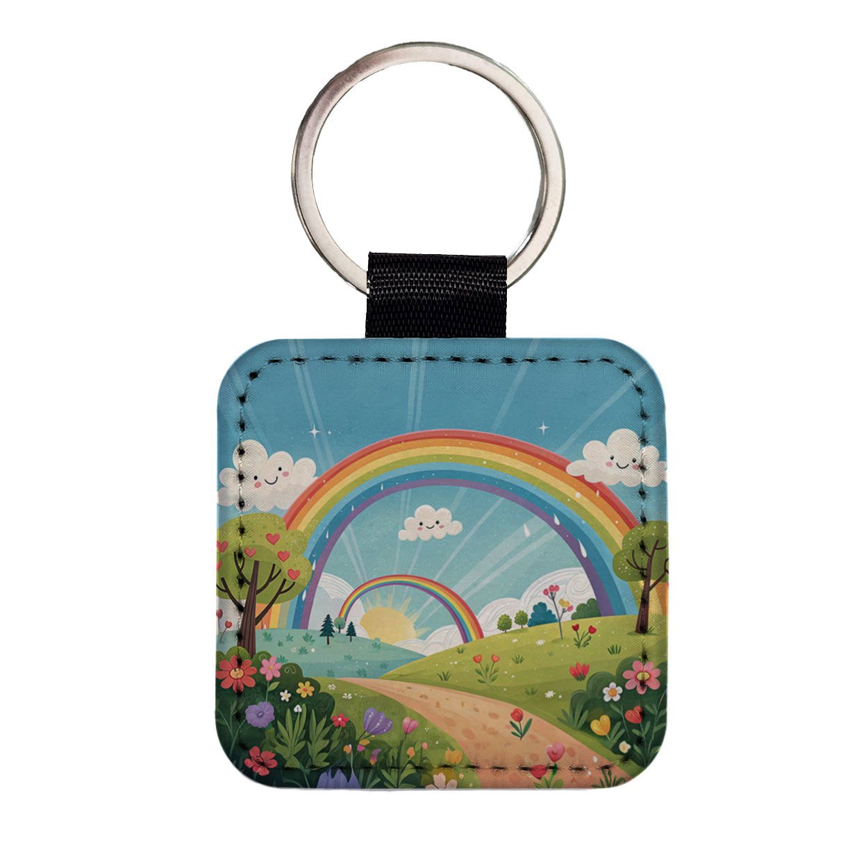 Double Rainbow Cartoon Illustration Square Faux Leather Keychain