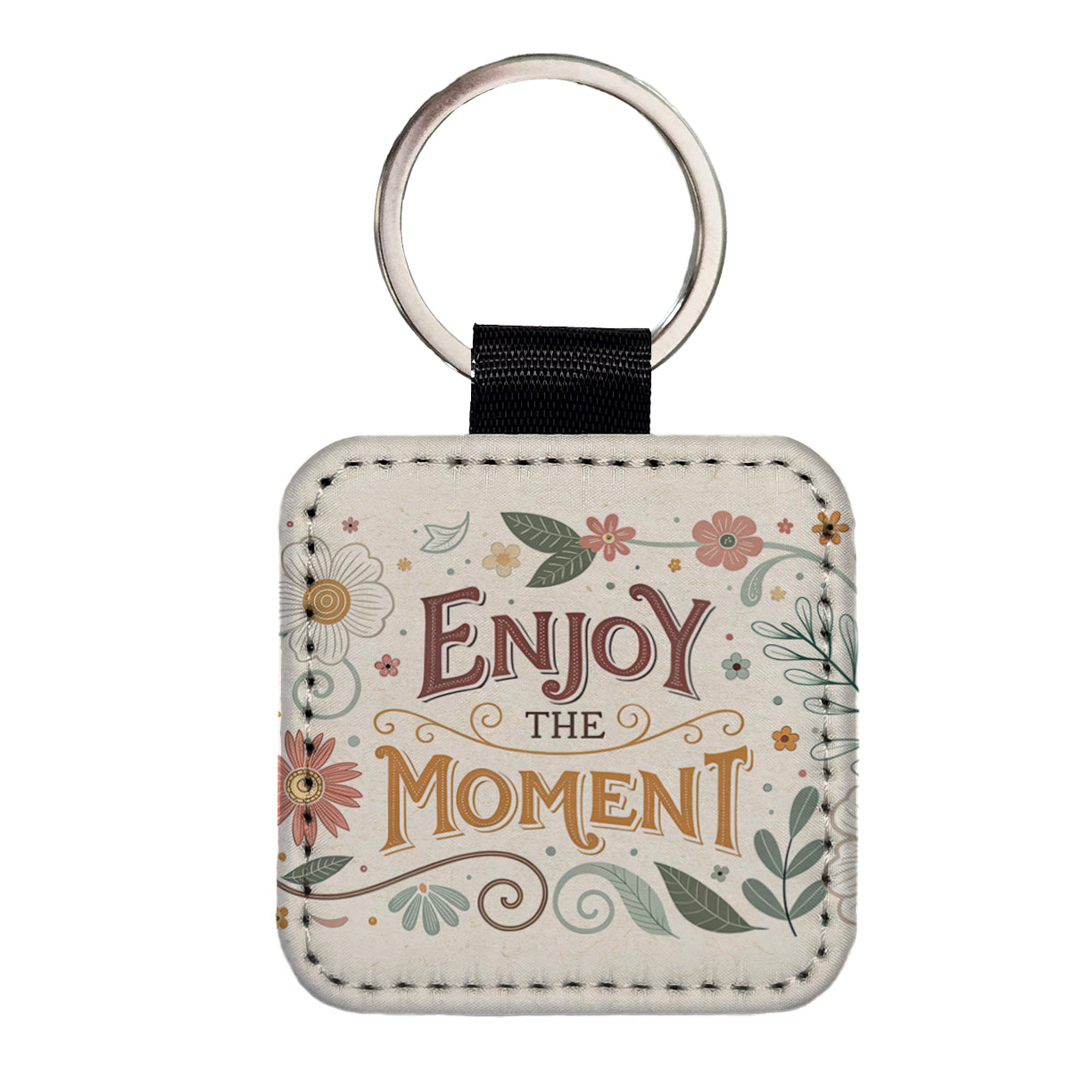 Enjoy The Moment Retro Floral Inspirational Square Faux Leather Keychain