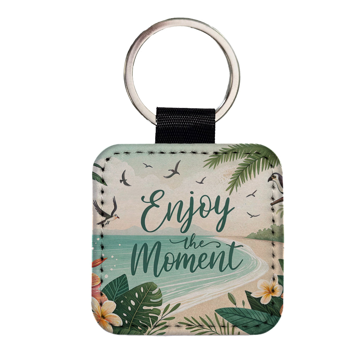 Enjoy The Moment Tropical Beach Inspirational Square Faux Leather Keychain