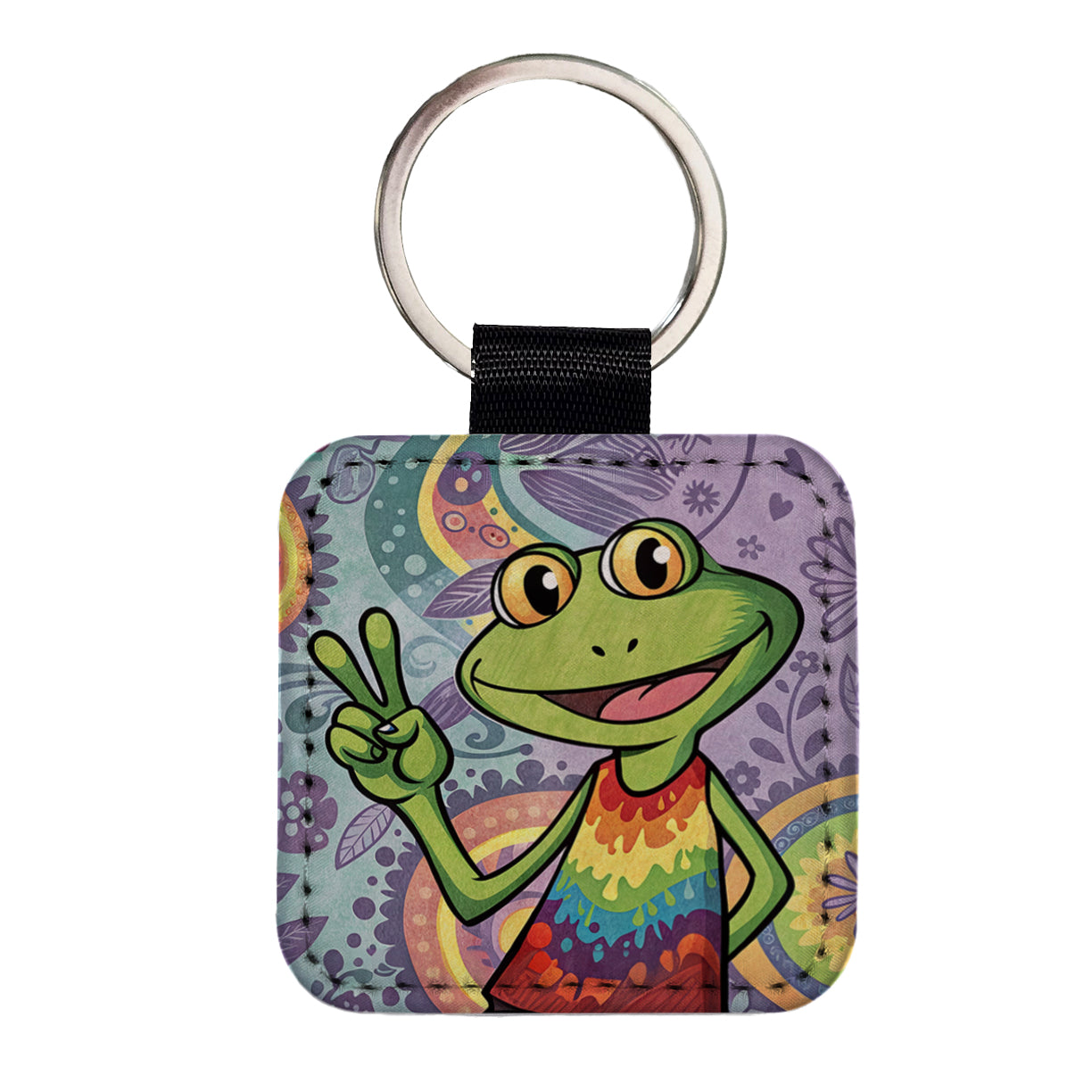 Frog Giving Peace Sign Hippie Tie Dye Square Faux Leather Keychain