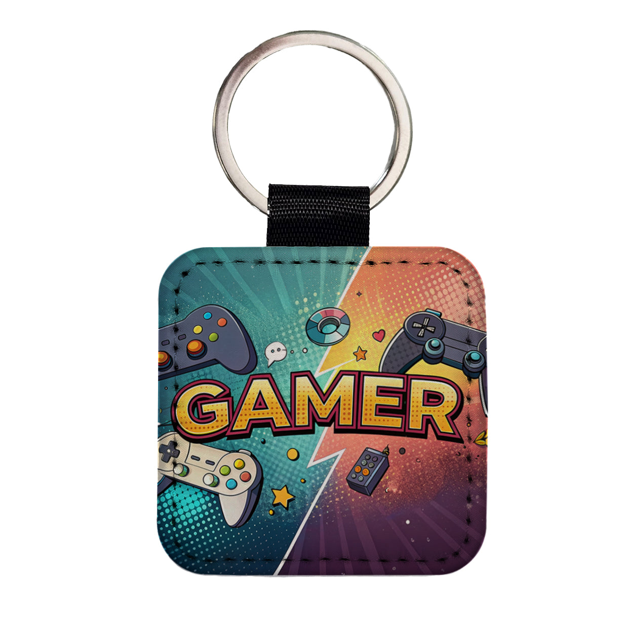 Gamer Retro Gaming Controllers Illustration Square Faux Leather Keychain
