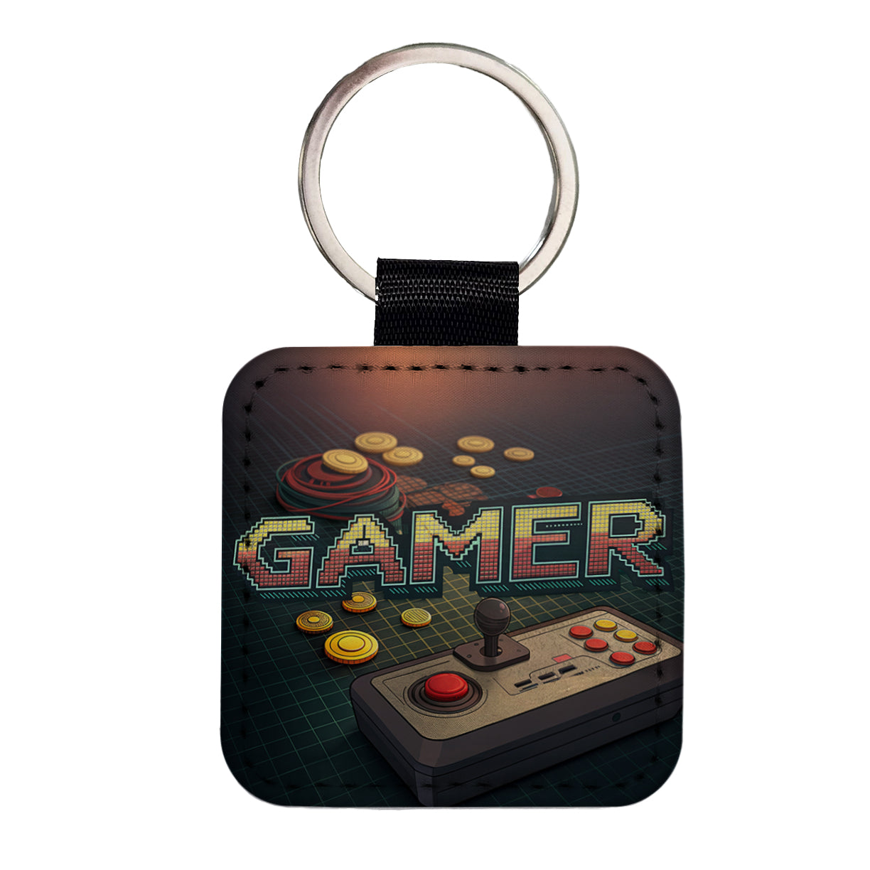 Gamer Retro Pixel Arcade Controller Square Faux Leather Keychain