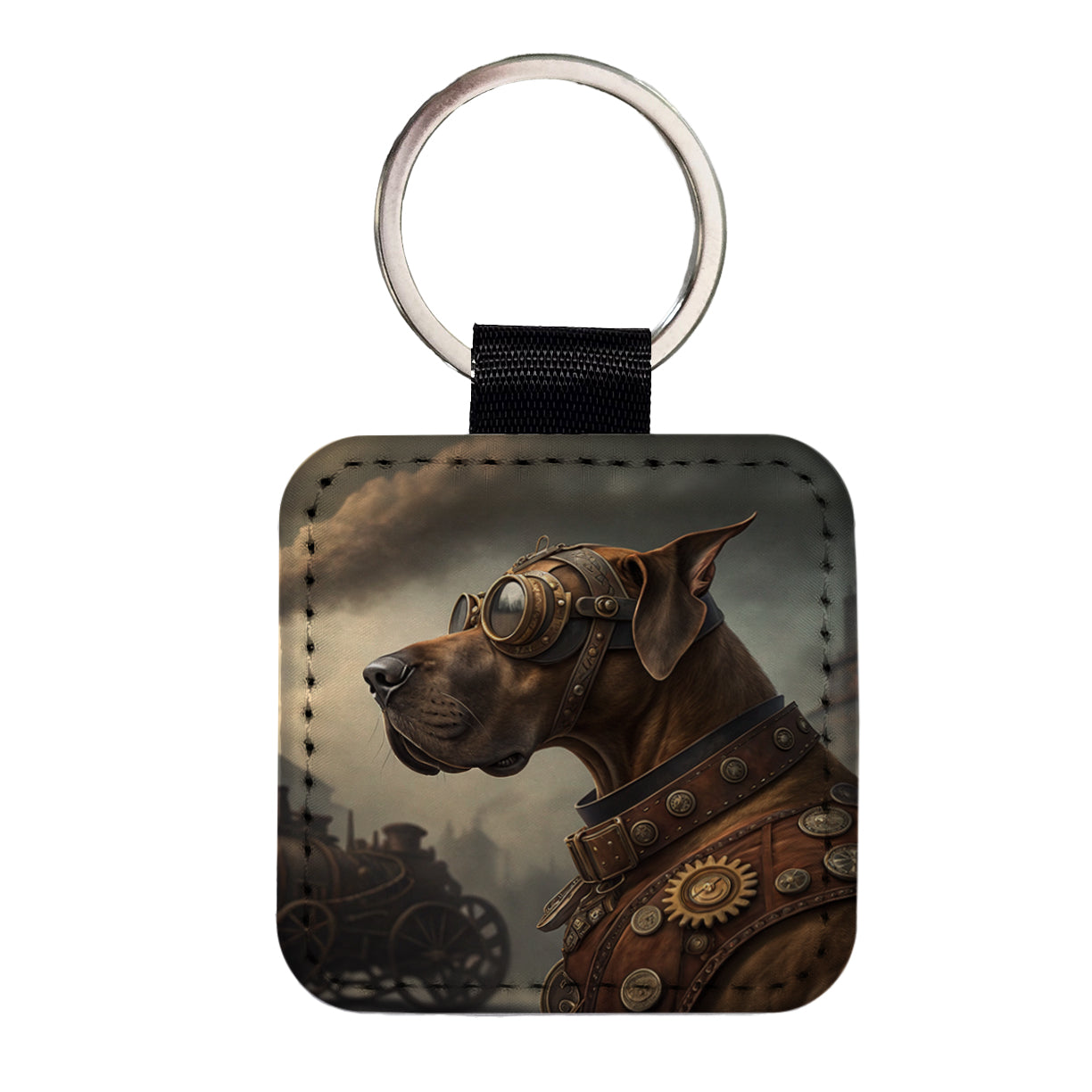 Great Dane Dog Steampunk Square Faux Leather Keychain