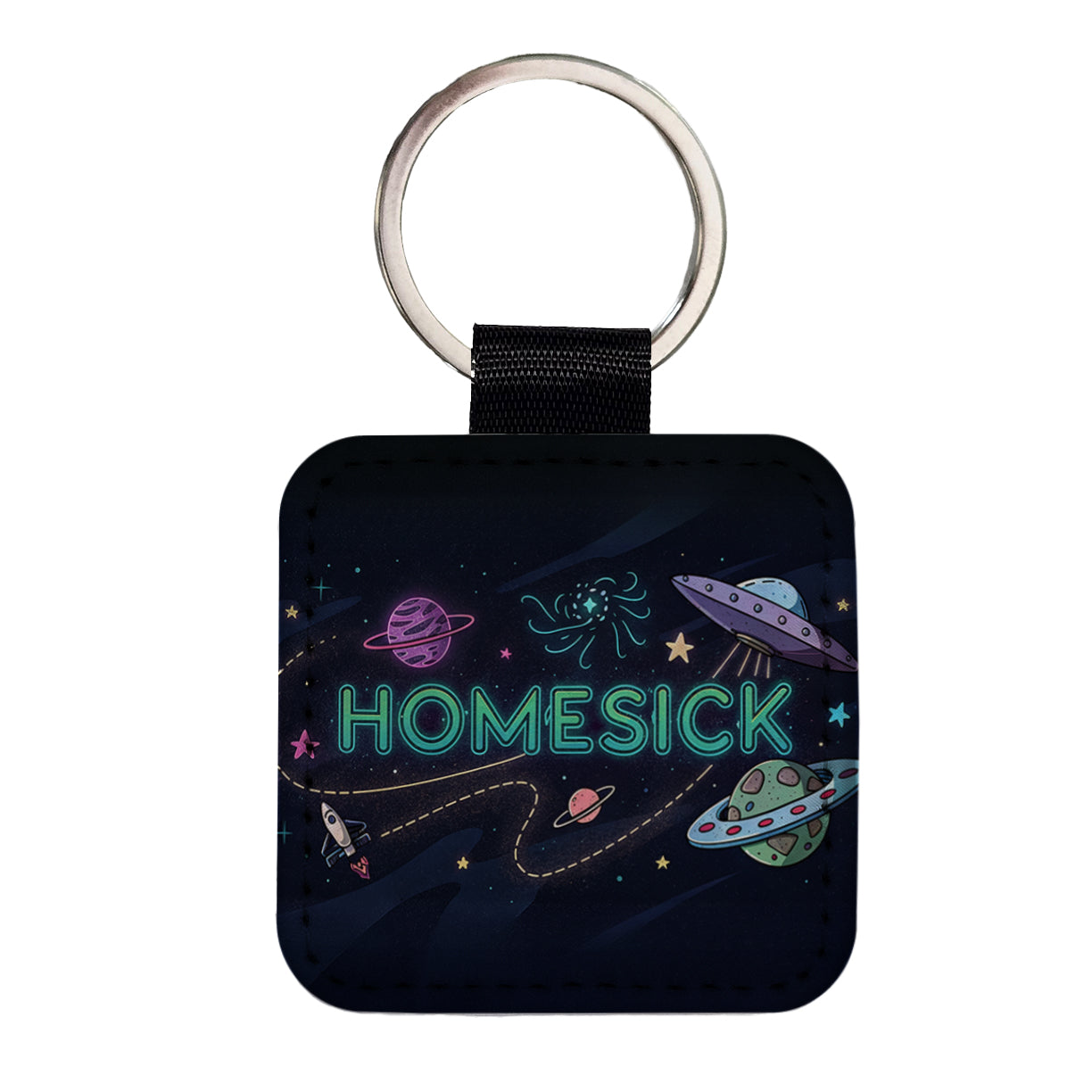 Homesick UFO Sci-Fi Funny Saying Square Faux Leather Keychain