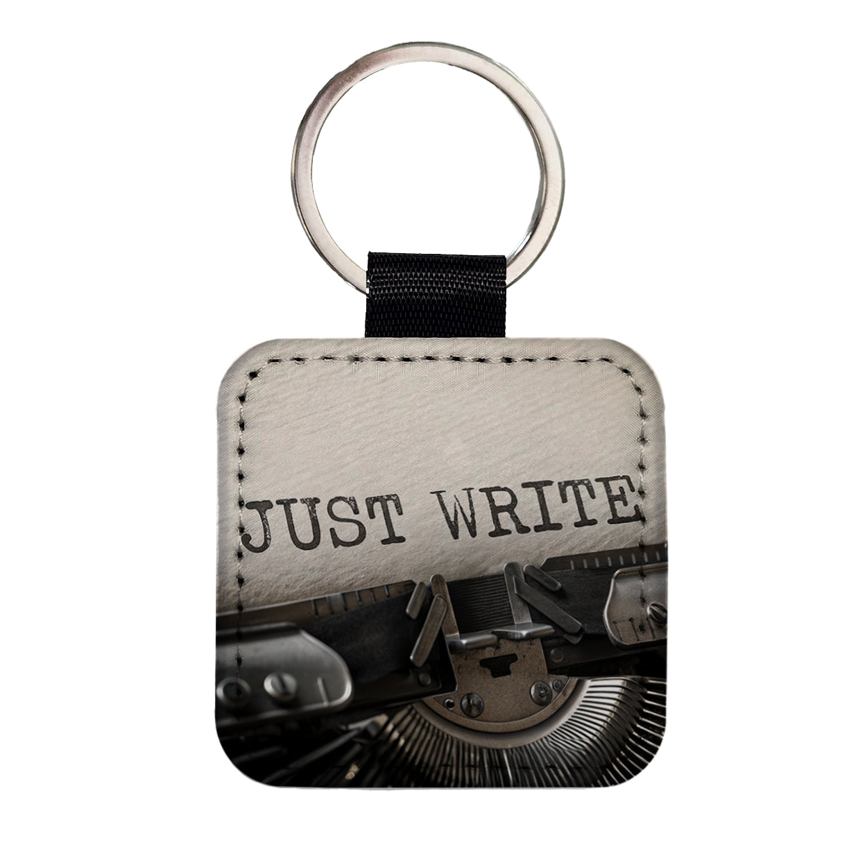 Just Write Retro Typewriter Inspirational Square Faux Leather Keychain