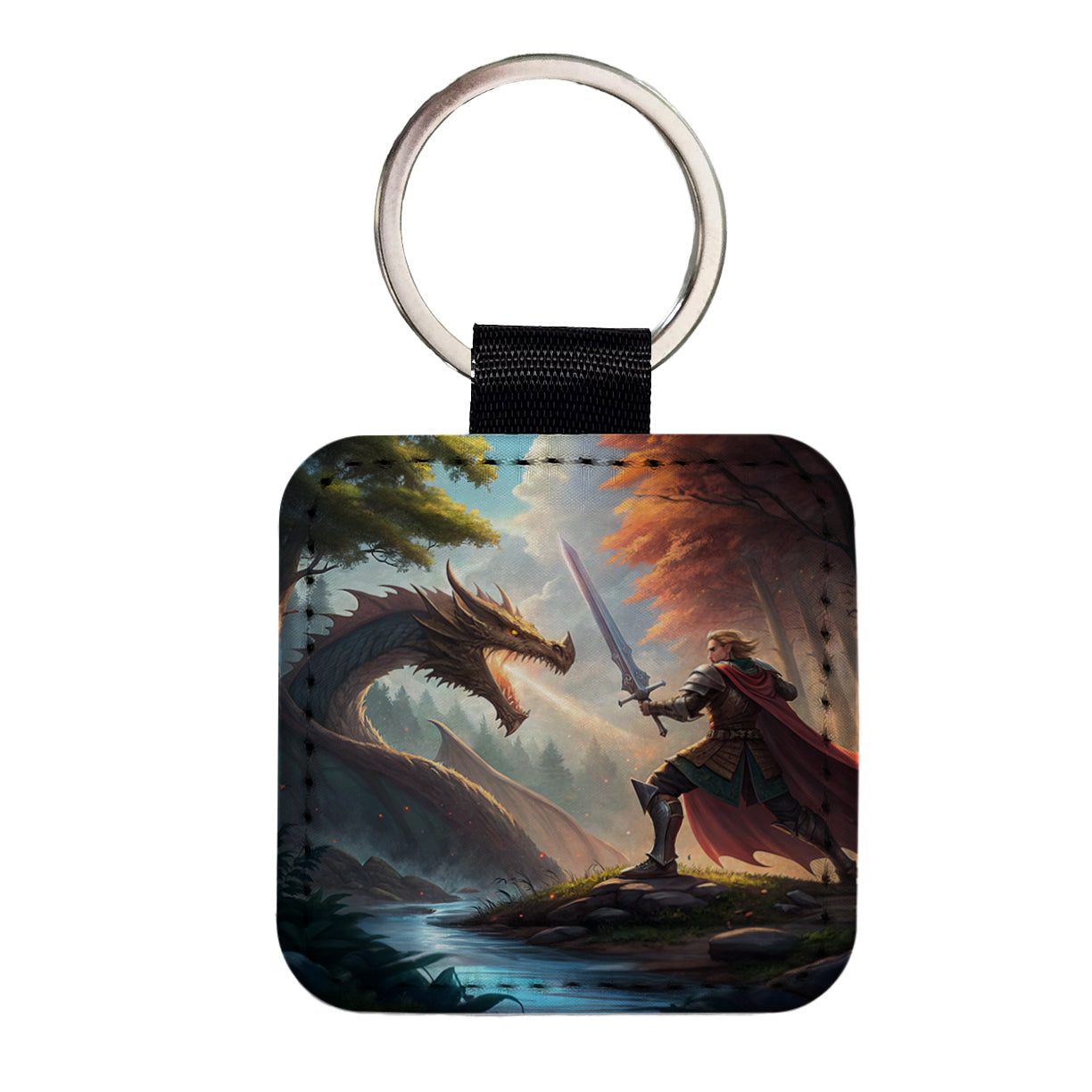 Knight Dragon Slayer Illustration Square Faux Leather Keychain