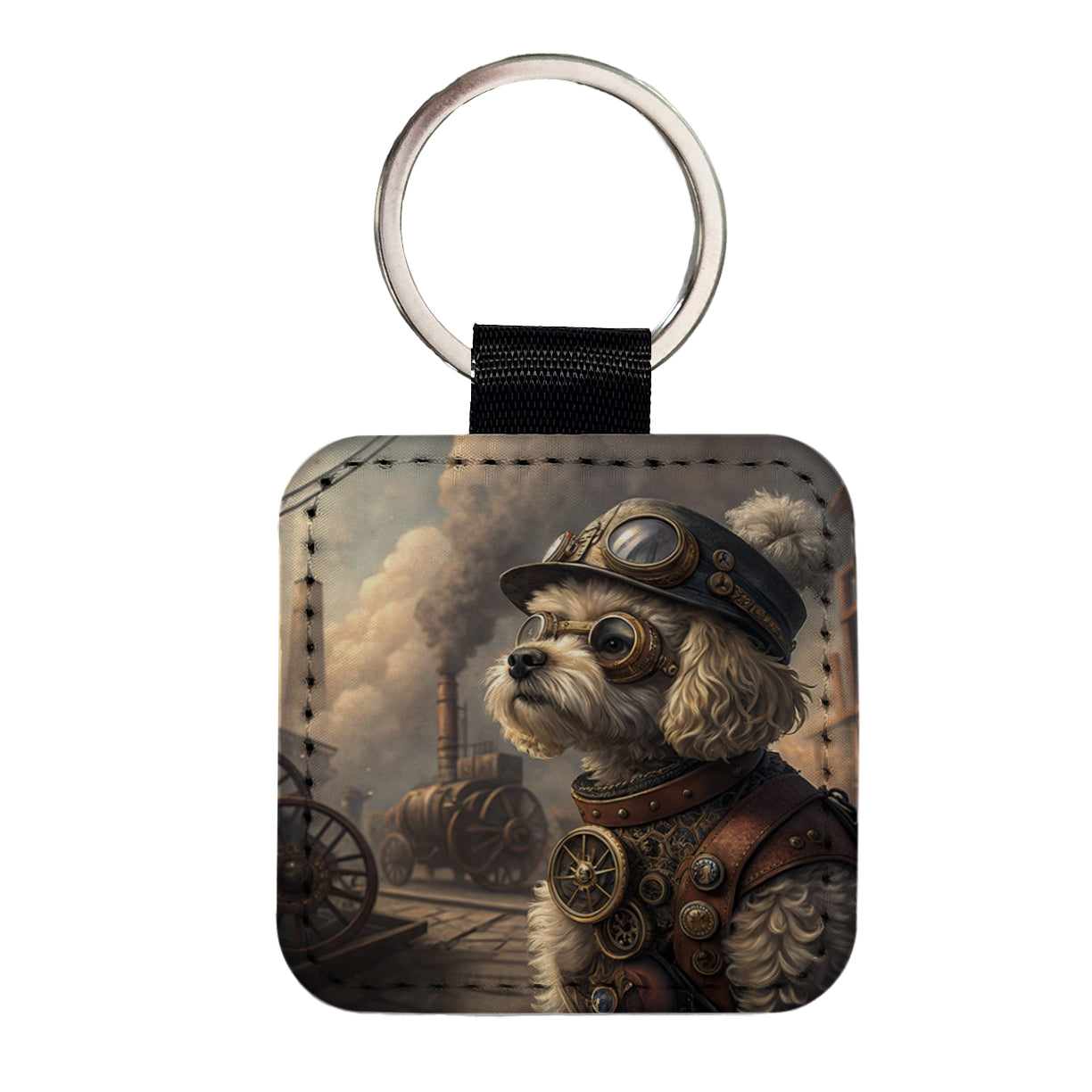 Maltipoo Dog Steampunk Square Faux Leather Keychain