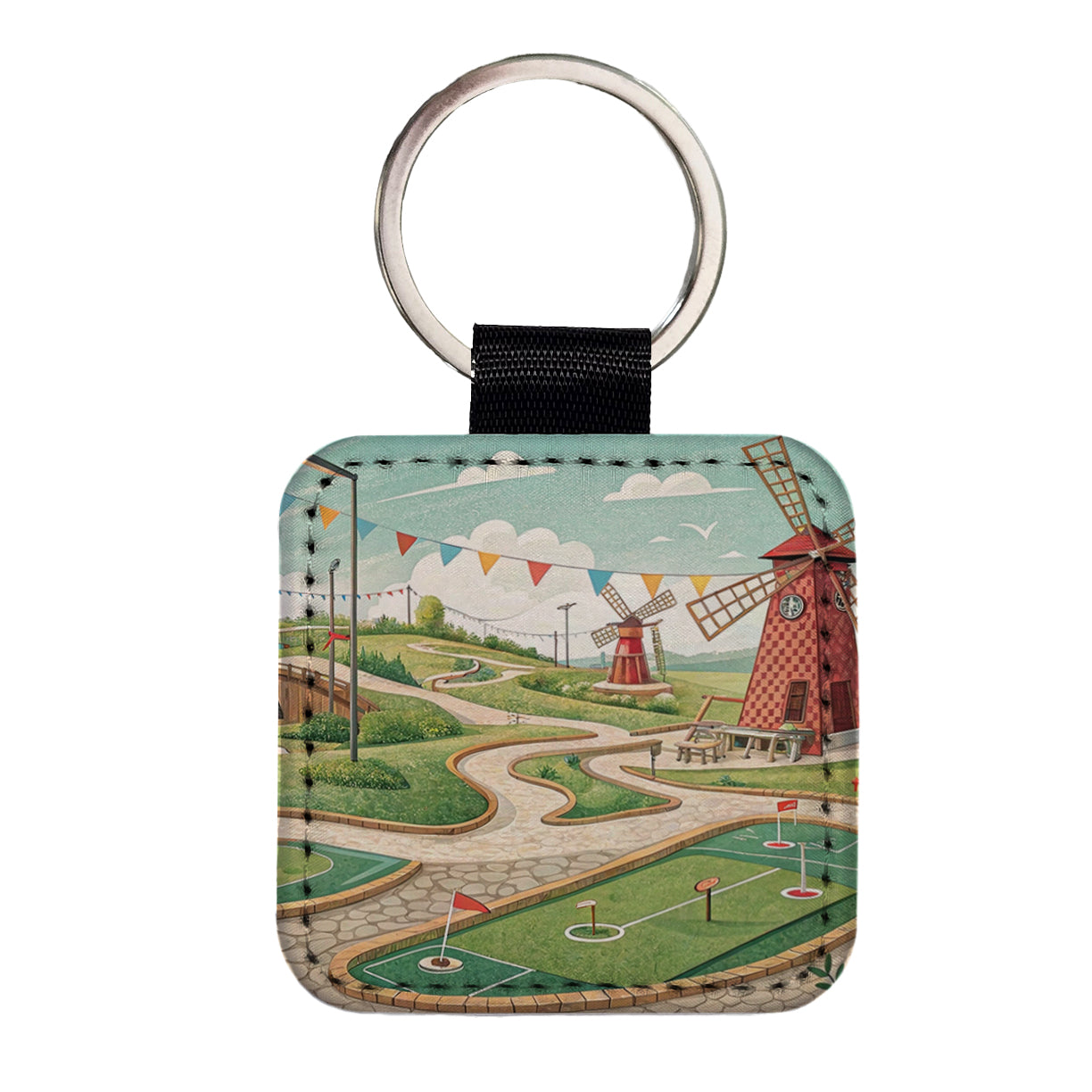 Miniature Golf Course Square Faux Leather Keychain