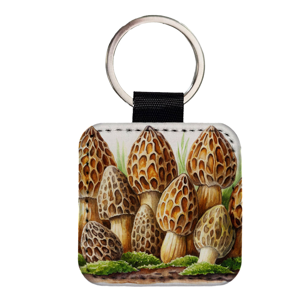 Morel Mushrooms Morchella Watercolor Square Faux Leather Keychain