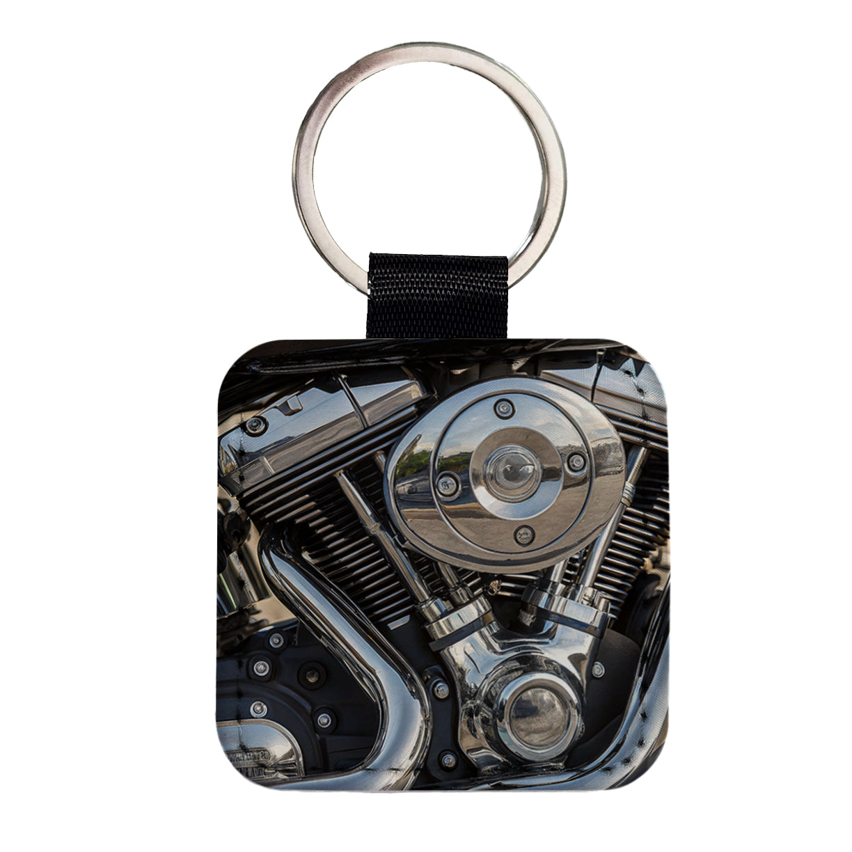 Motorcycle Chrome Engine Close-up Square Faux Leather Keychain