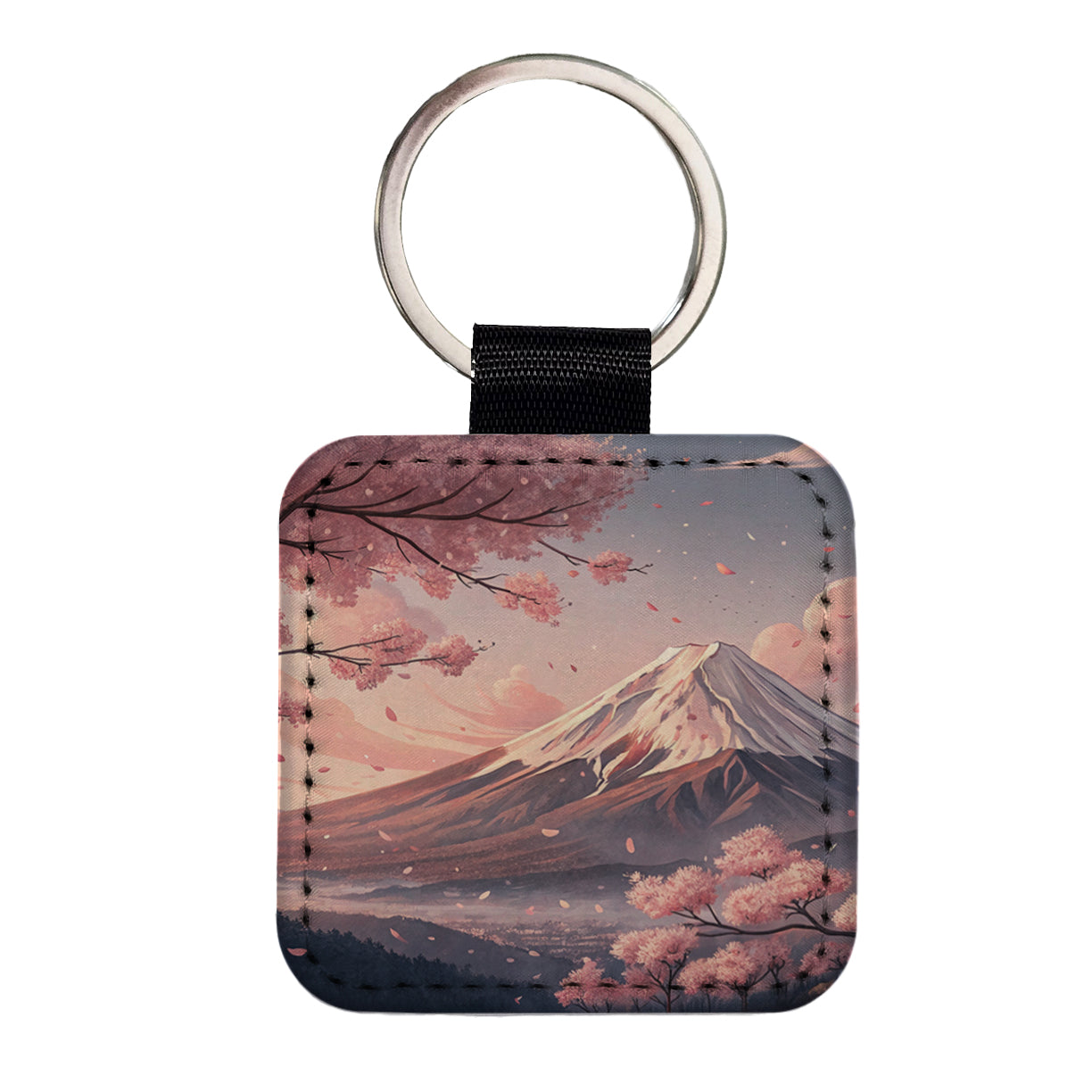 Mount Fuji Blooming Sakura Trees Japanese Illustration Square Faux Leather Keychain
