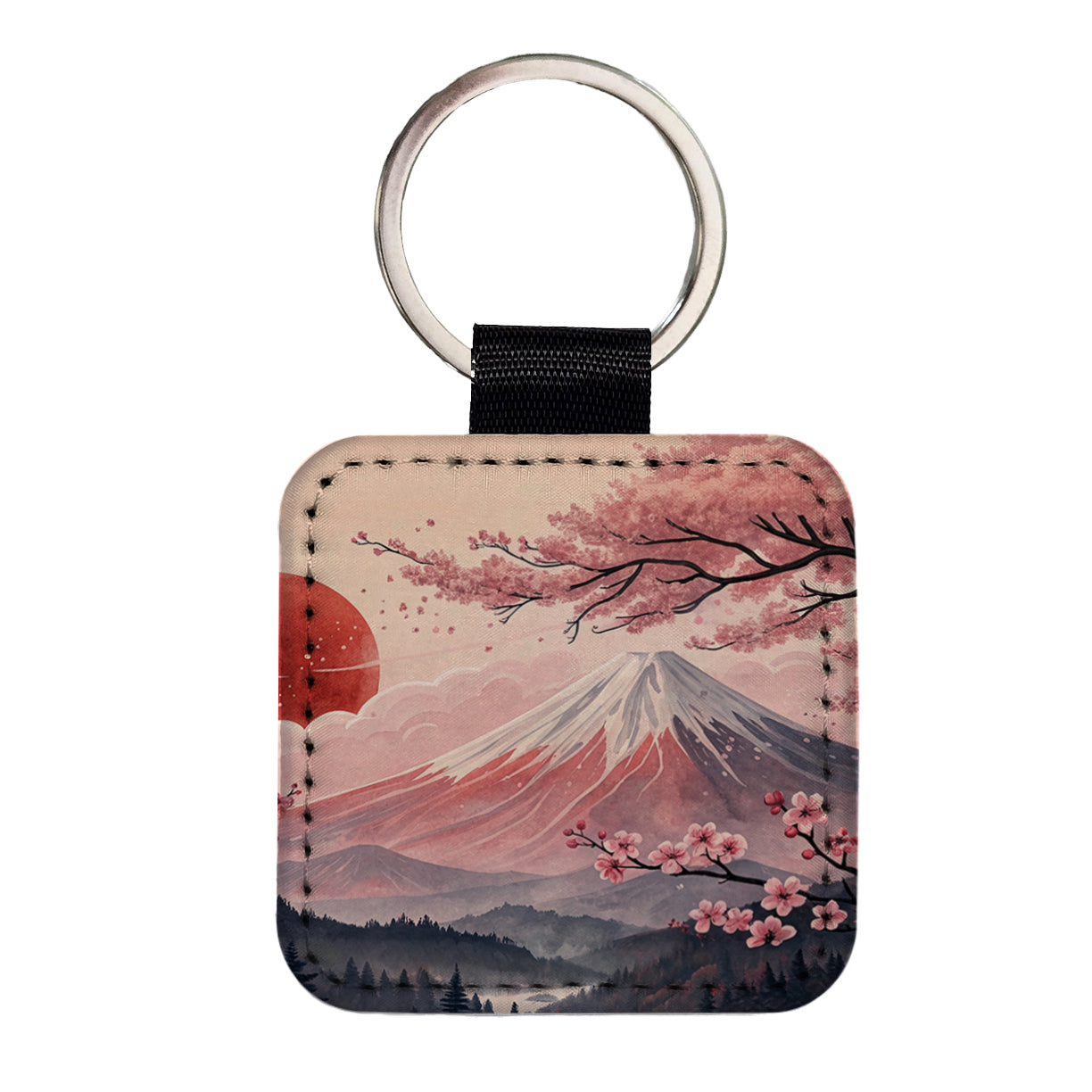 Mount Fuji With Cherry Blossoms Rising Sun Japanese Illustration Square Faux Leather Keychain