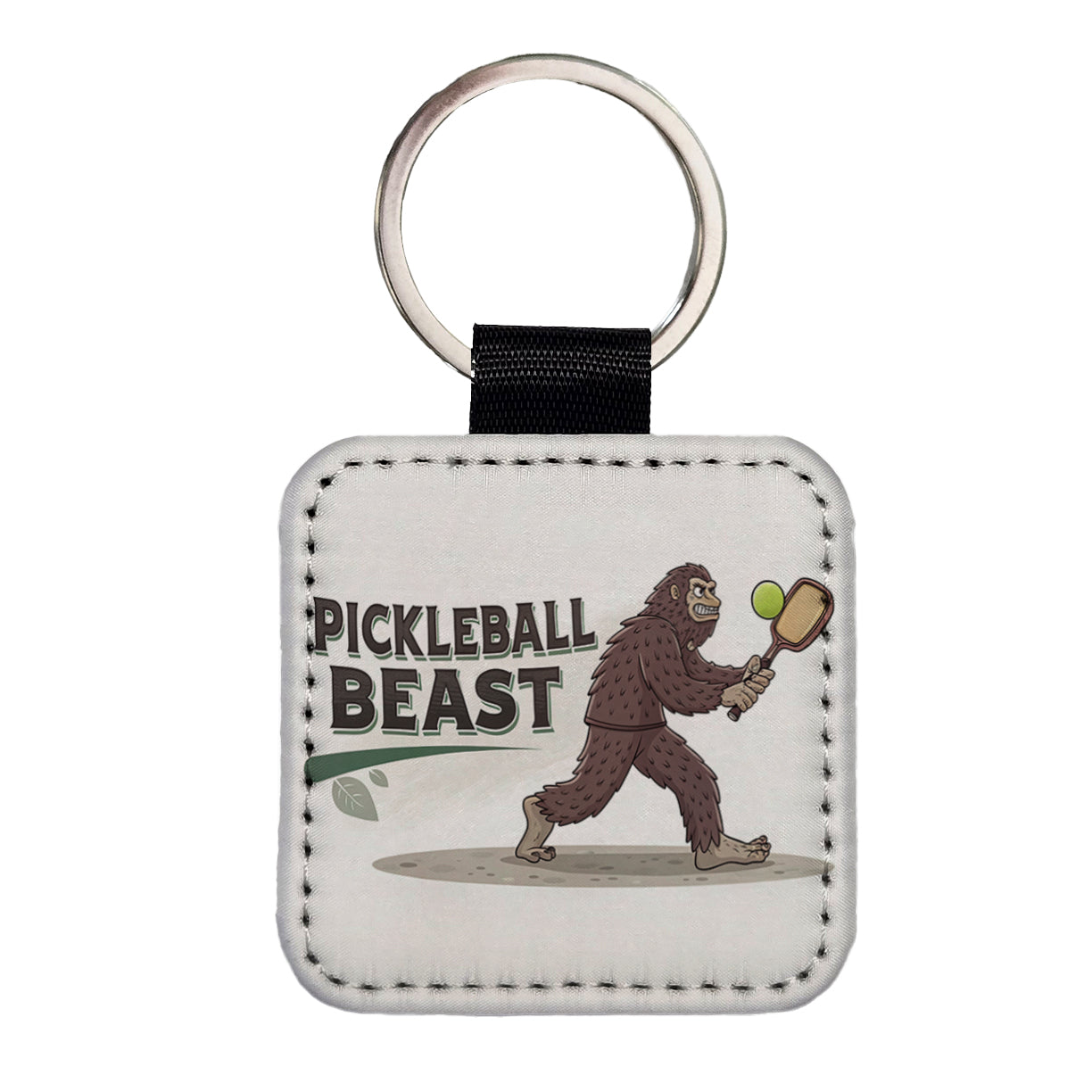 Pickleball Beast Funny Bigfoot Holding Paddle Square Faux Leather Keychain
