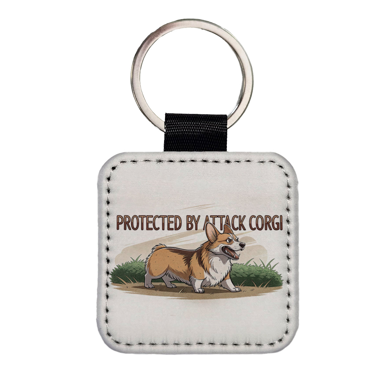 Protected By Attack Corgi Funny Square Faux Leather Keychain