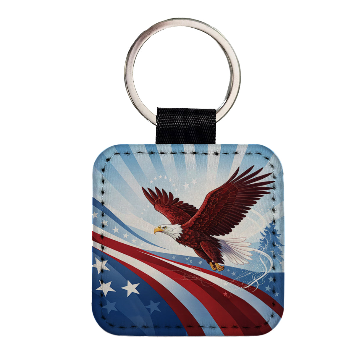 Red Blue White Patriotic Bald Eagle Square Faux Leather Keychain