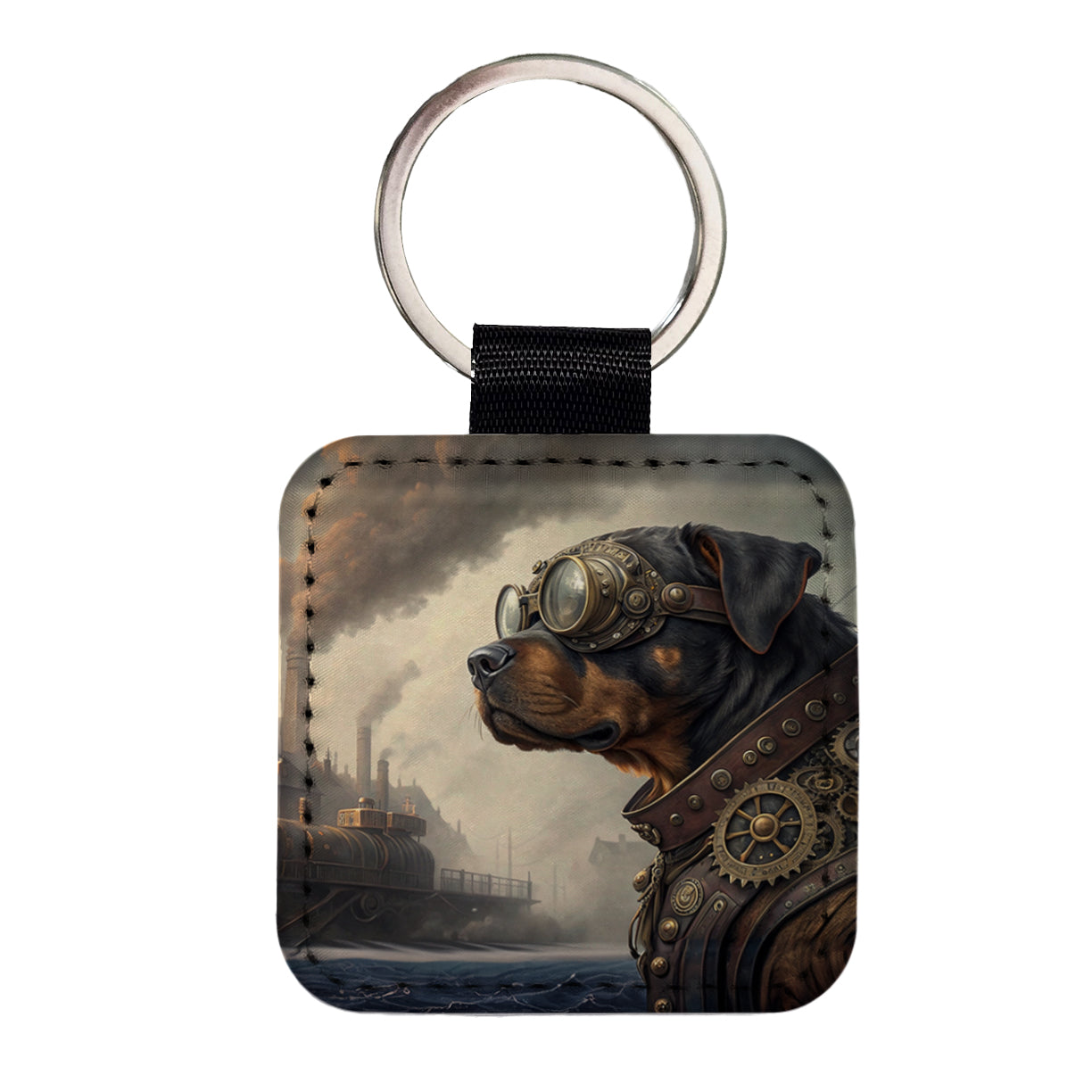 Rottweiler Dog Steampunk Square Faux Leather Keychain