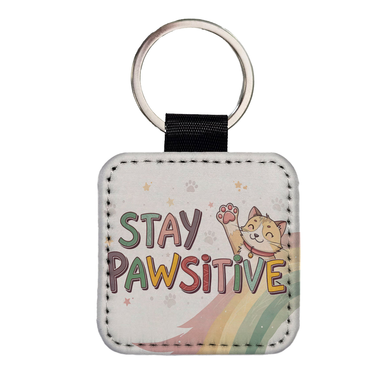 Stay Pawsitive Positive Cat Inspirational Funny Square Faux Leather Keychain
