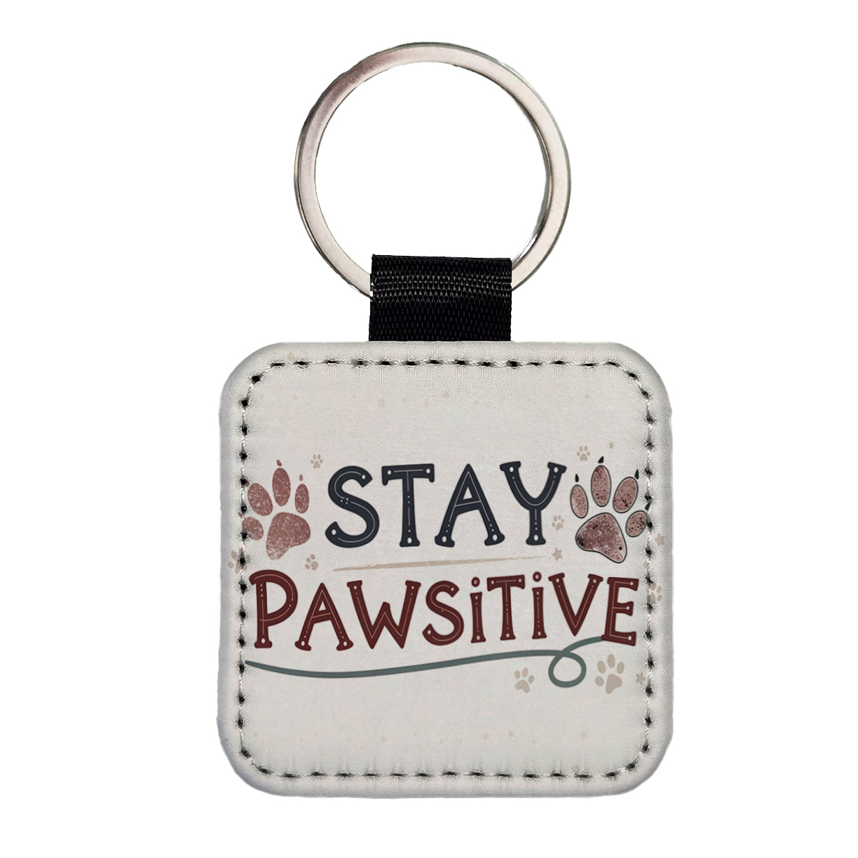 Stay Pawsitive Positive Paw Prints Inspirational Funny Square Faux Leather Keychain