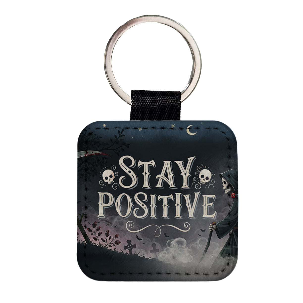 Stay Positive Funny Grim Reaper Death Cartoon Square Faux Leather Keychain