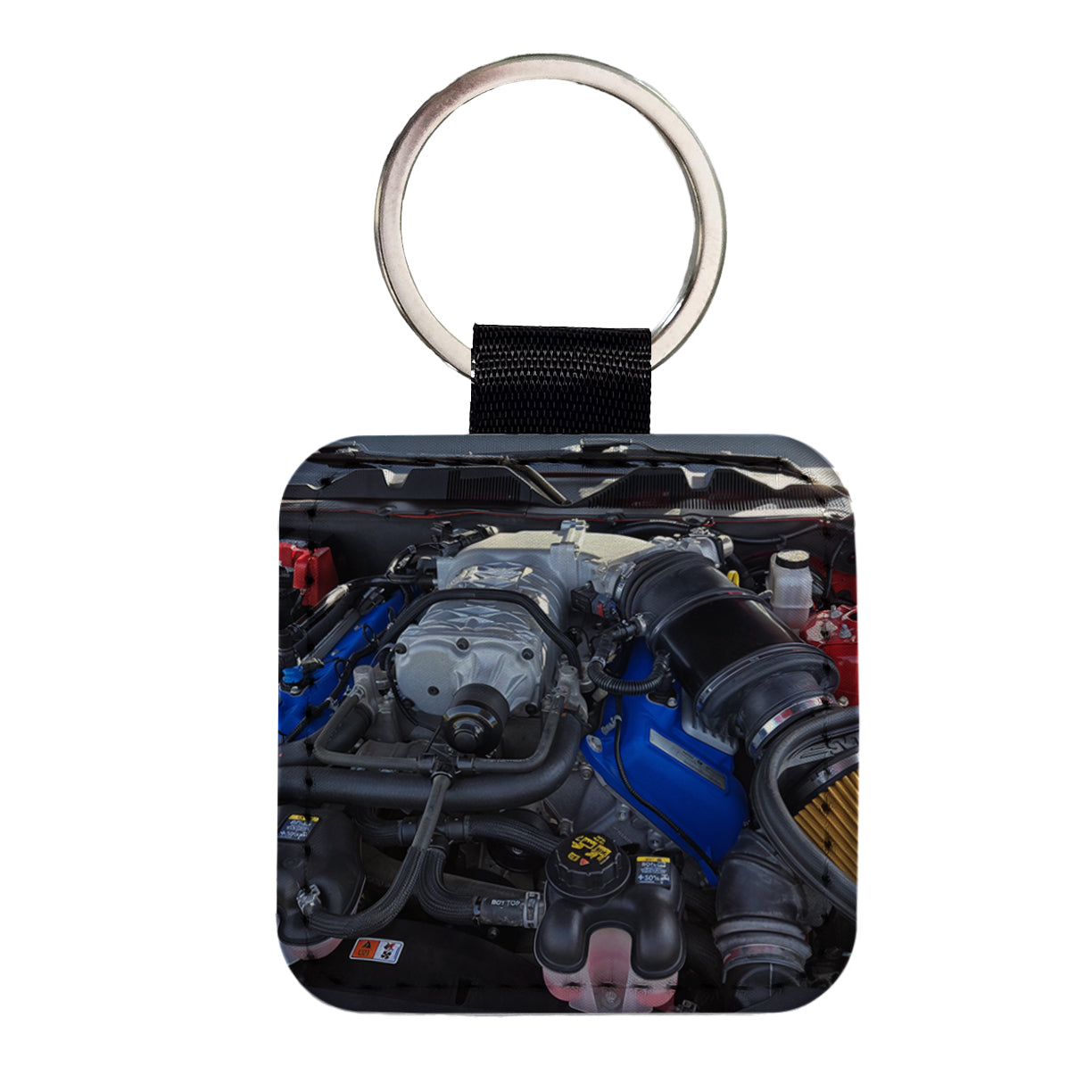 Supercharged V8 Engine Red Sports Muscle Car Square Faux Leather Keychain