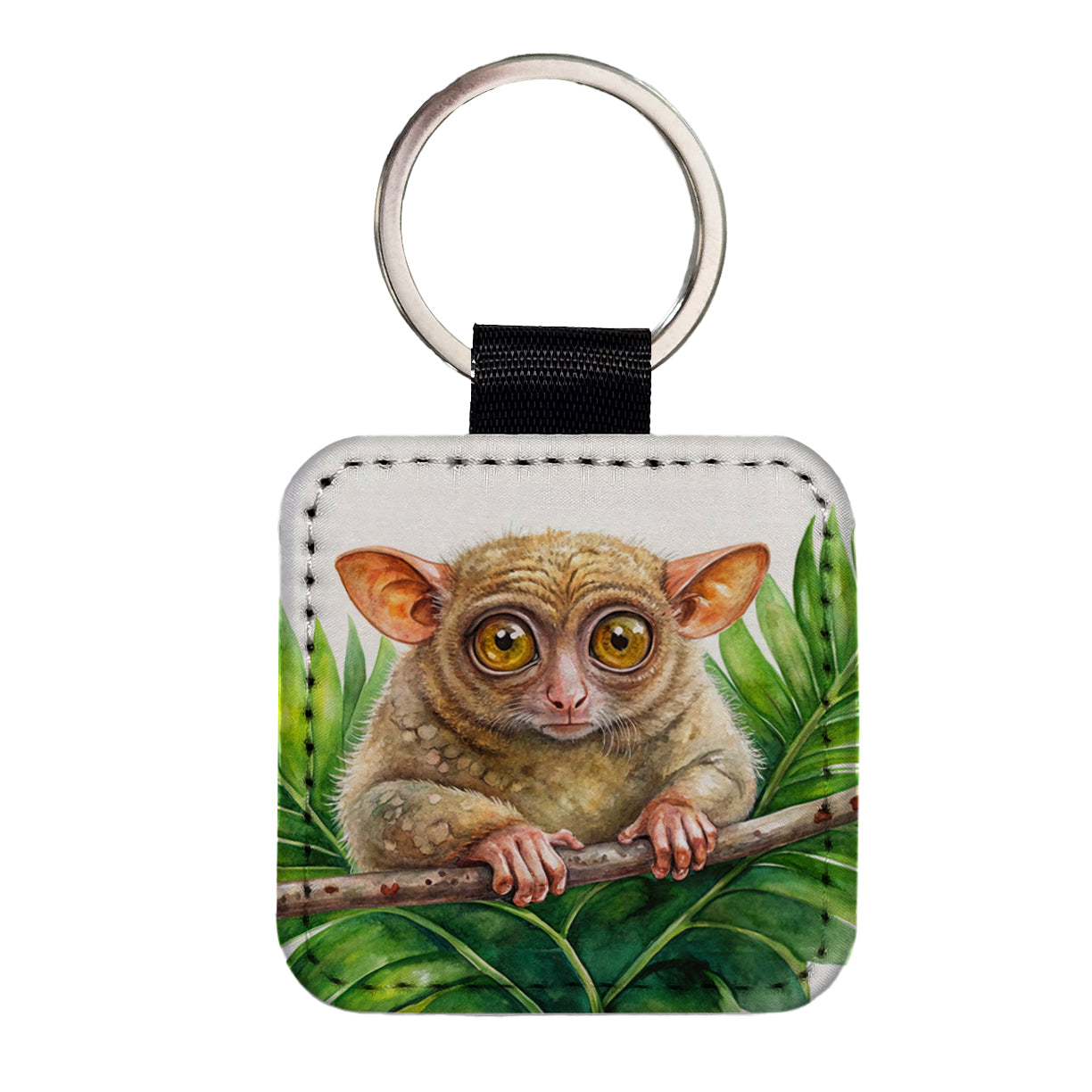 Tarsier Watercolor Square Faux Leather Keychain