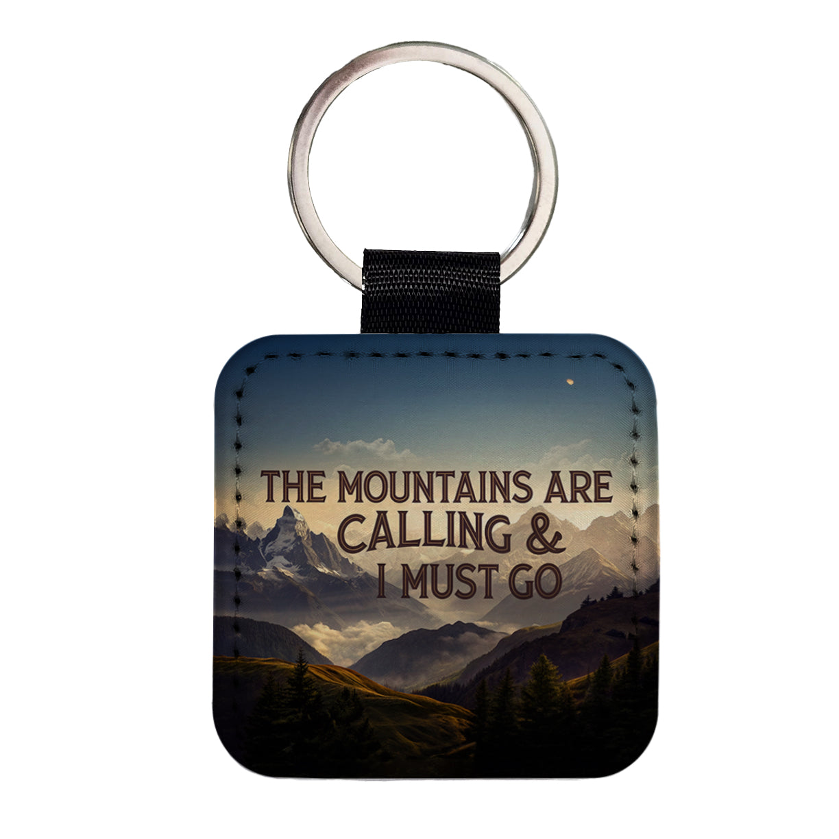The Mountains Are Calling And I Must Go Hiking Camping Square Faux Leather Keychain