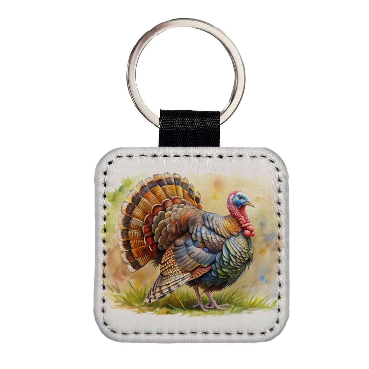 Tom Gobbler Male Turkey Watercolor Square Faux Leather Keychain