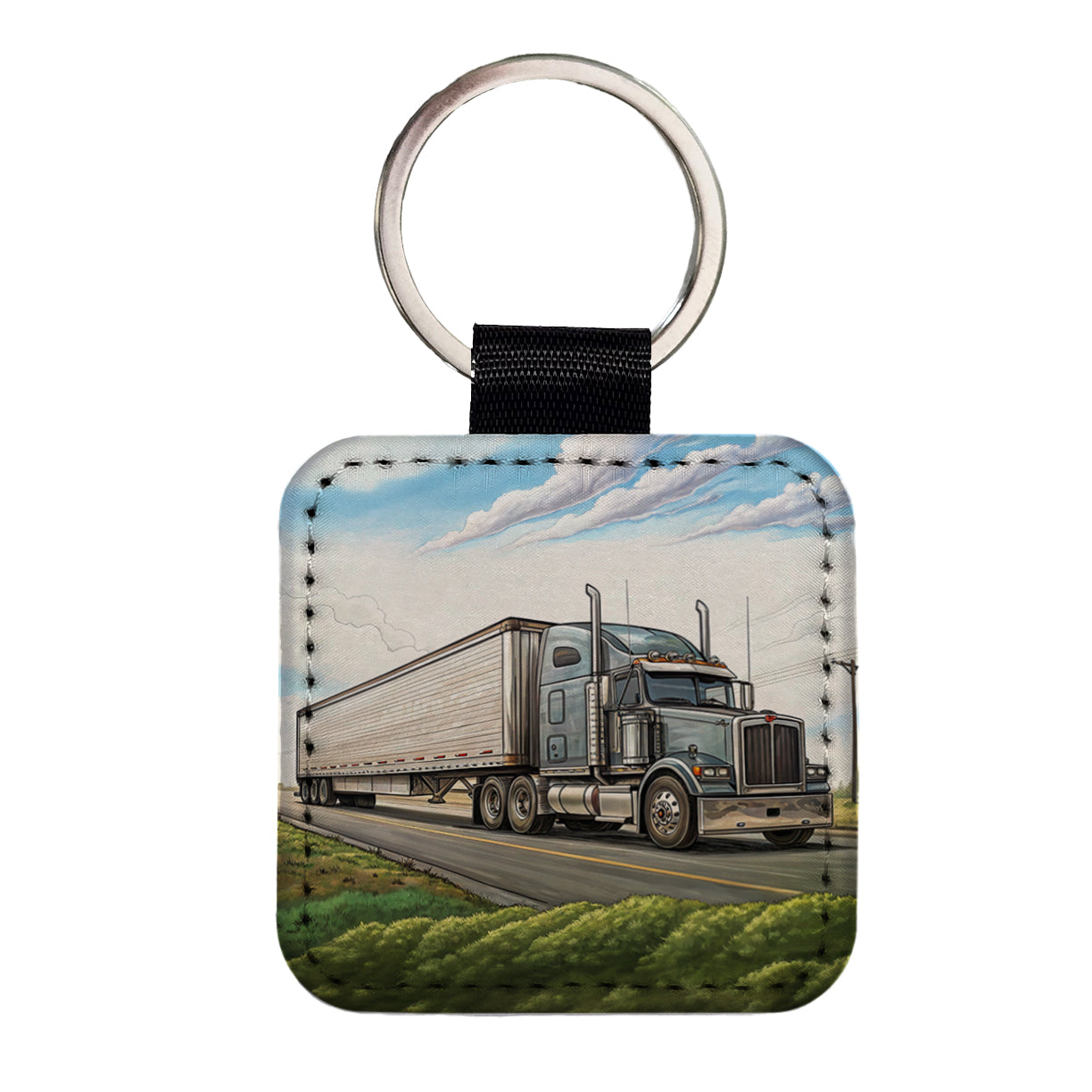 Tractor Trailer Semi Big Rig Truck Square Faux Leather Keychain