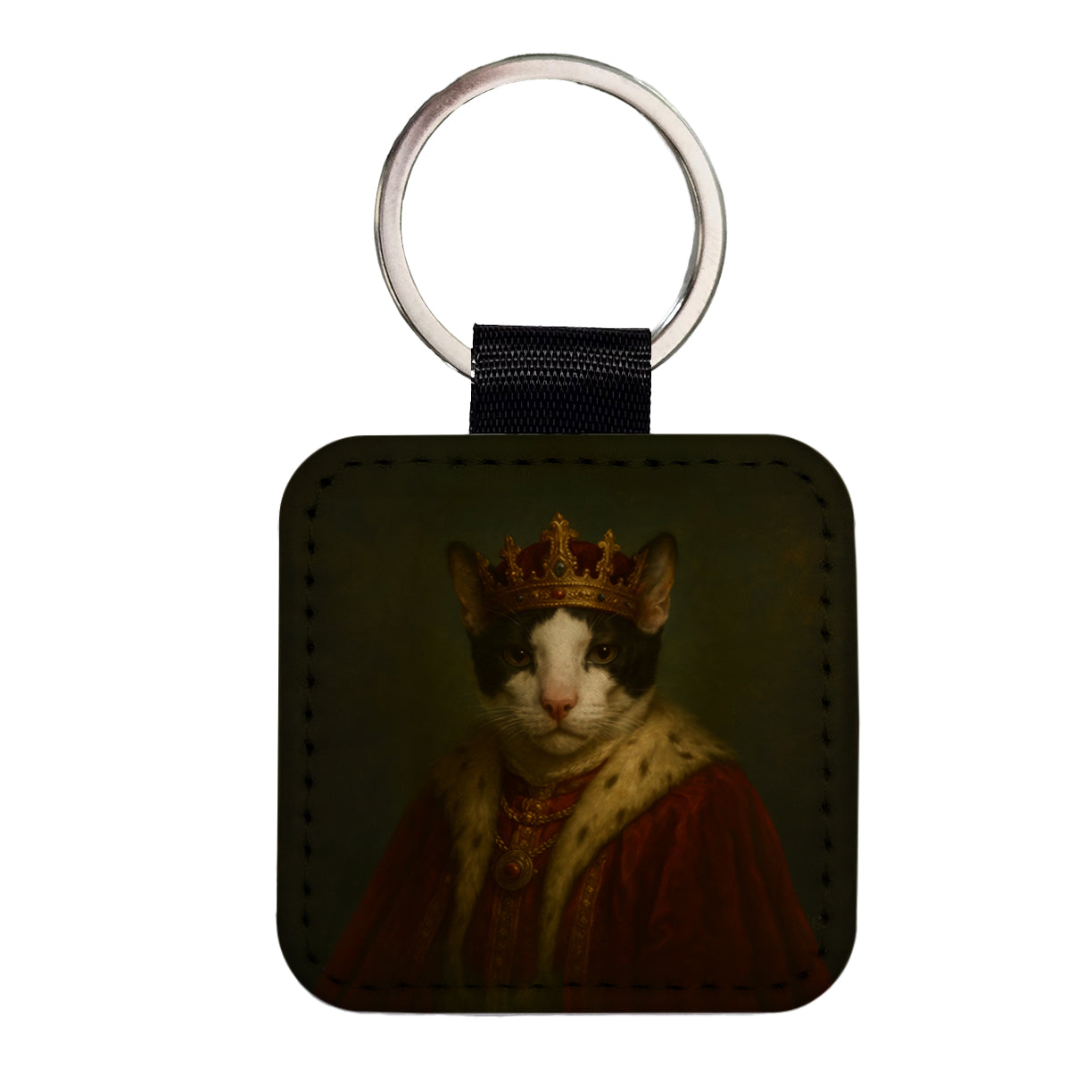 Vintage Cat King Fantasy Painting Square Faux Leather Keychain