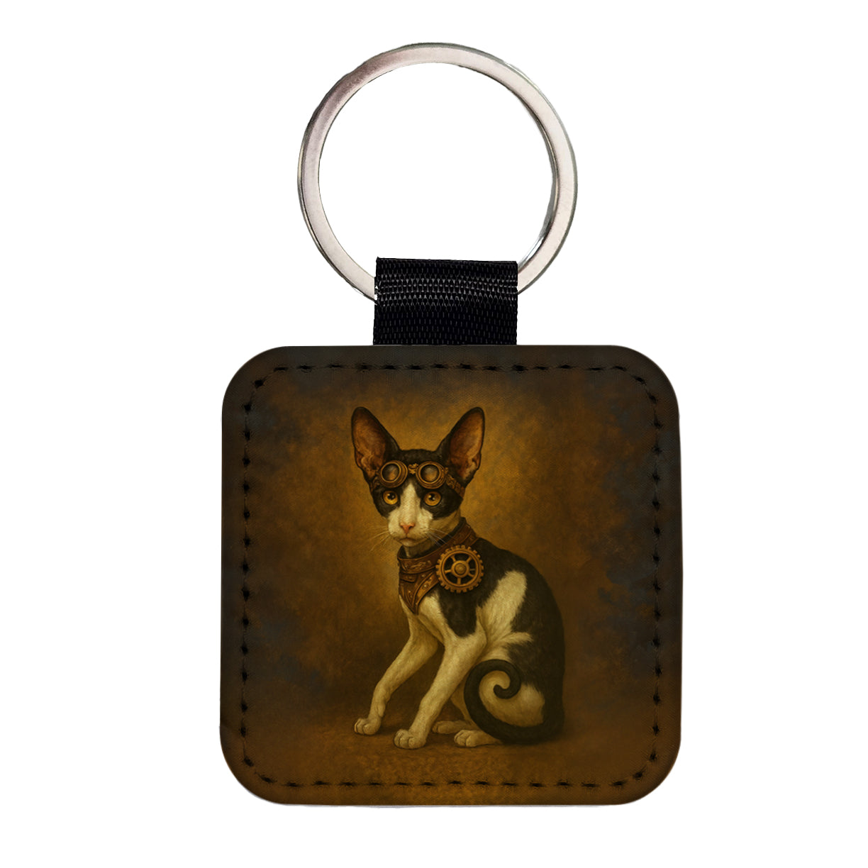 Vintage Steampunk Oriental Shorthair Cat Fantasy Painting Square Faux Leather Keychain