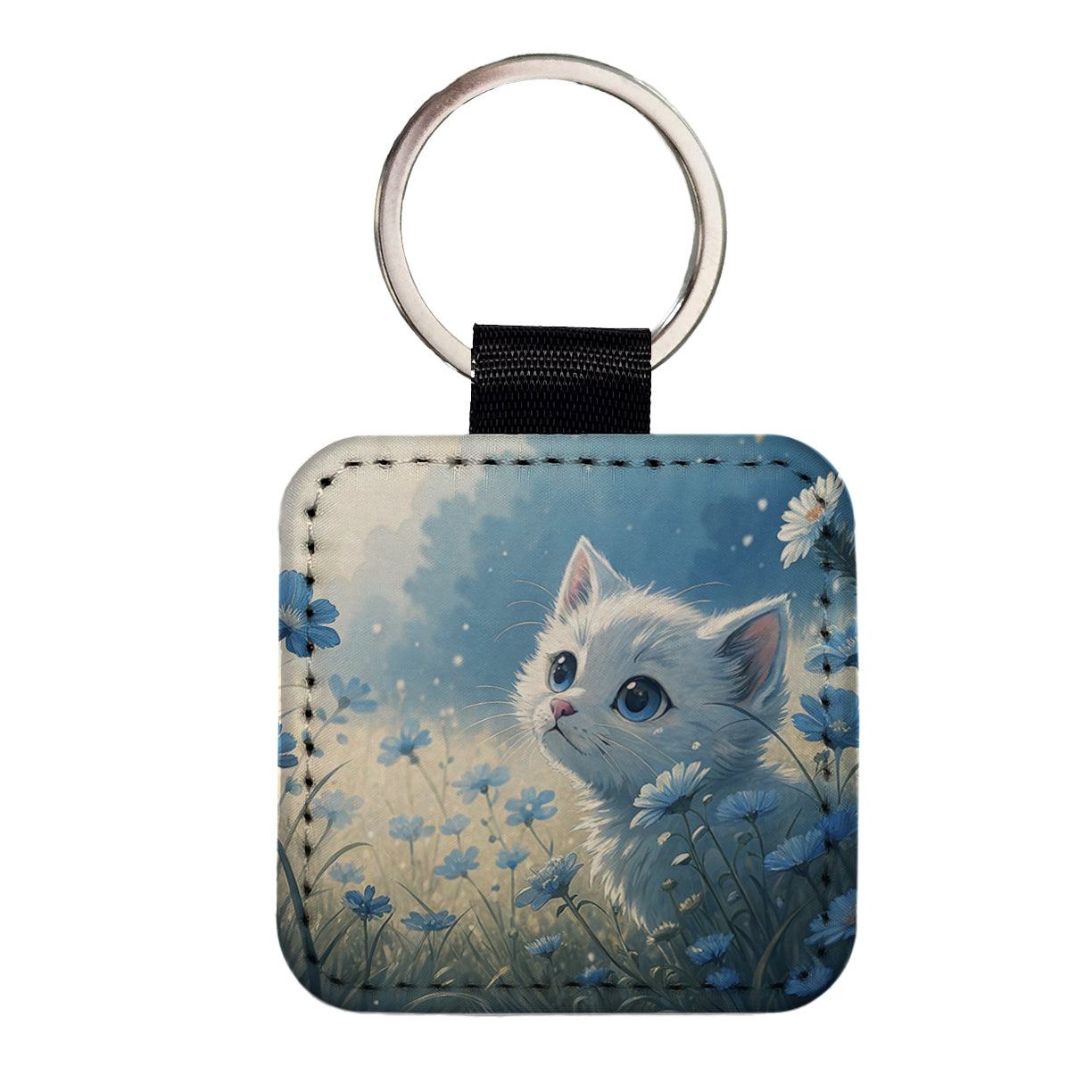 White Kitten in Field Of Blue Flowers Anime Style Square Faux Leather Keychain