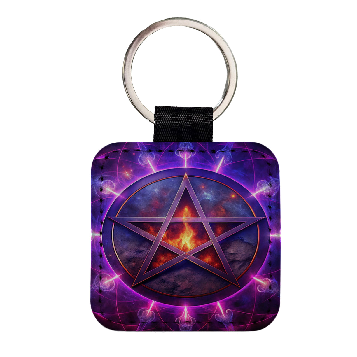 Wiccan Purple Pentagram Evil Summoning Circle Square Faux Leather Keychain