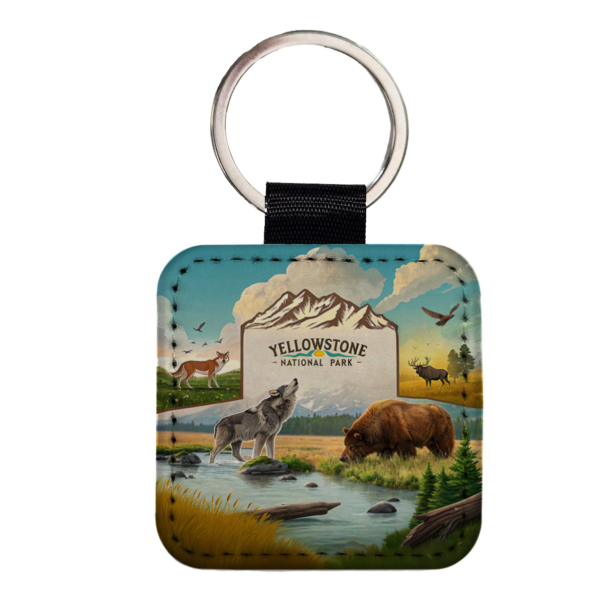 Yellowstone National Park Animals Square Faux Leather Keychain