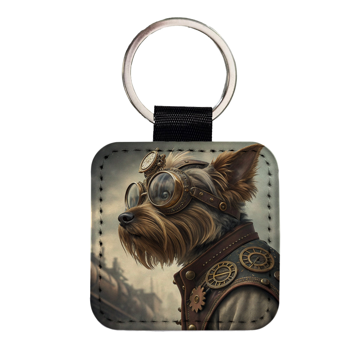 Yorkshire Terrier Yorkie Dog Steampunk Square Faux Leather Keychain