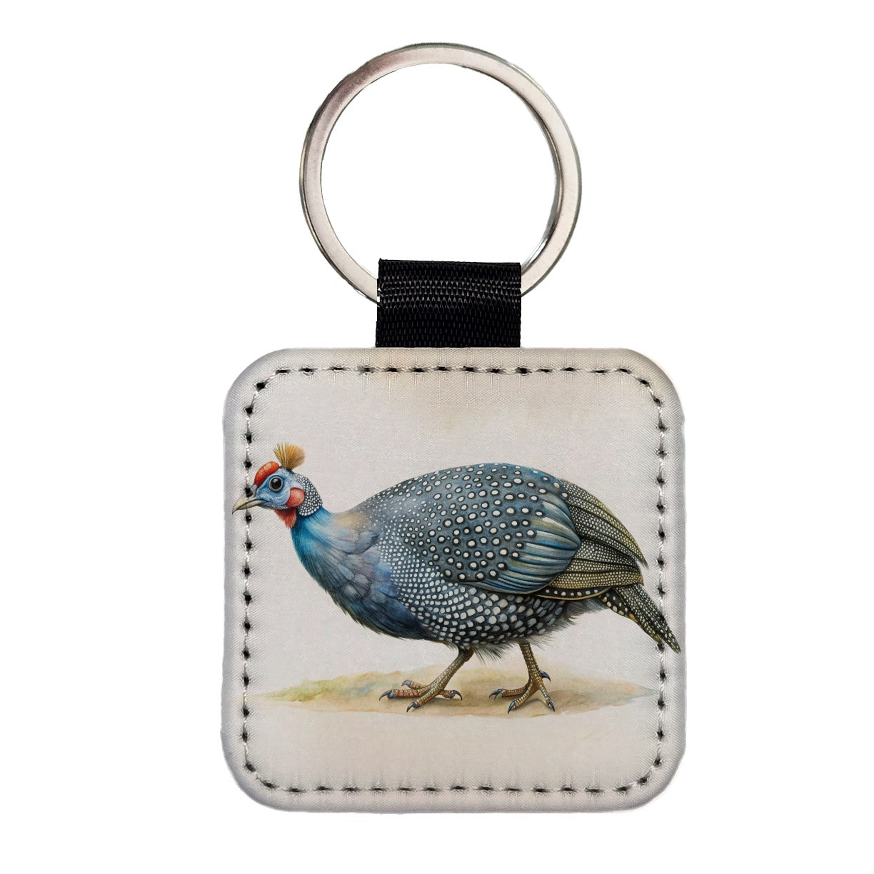 Guinea Fowl Watercolor Square Faux Leather Keychain