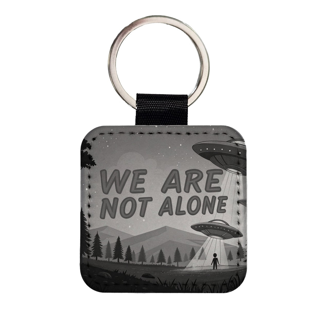 We Are Not Alone Funny Retro UFO Black And White Square Faux Leather Keychain