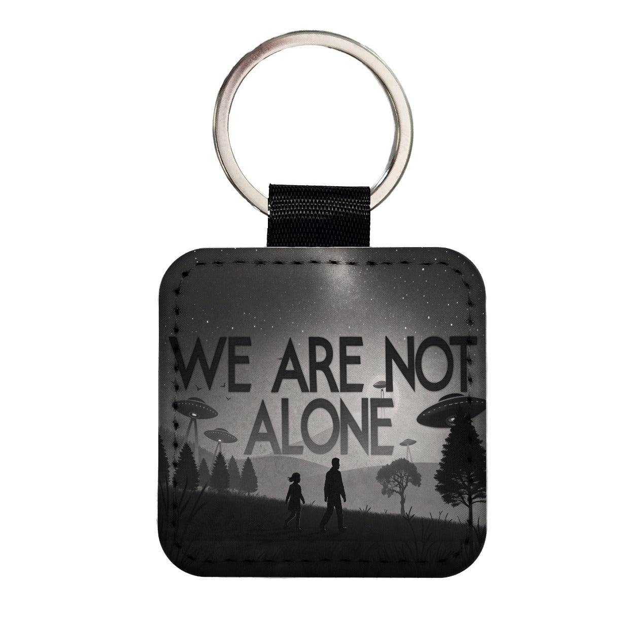 We Are Not Alone Retro Funny Alien Invasion Square Faux Leather Keychain