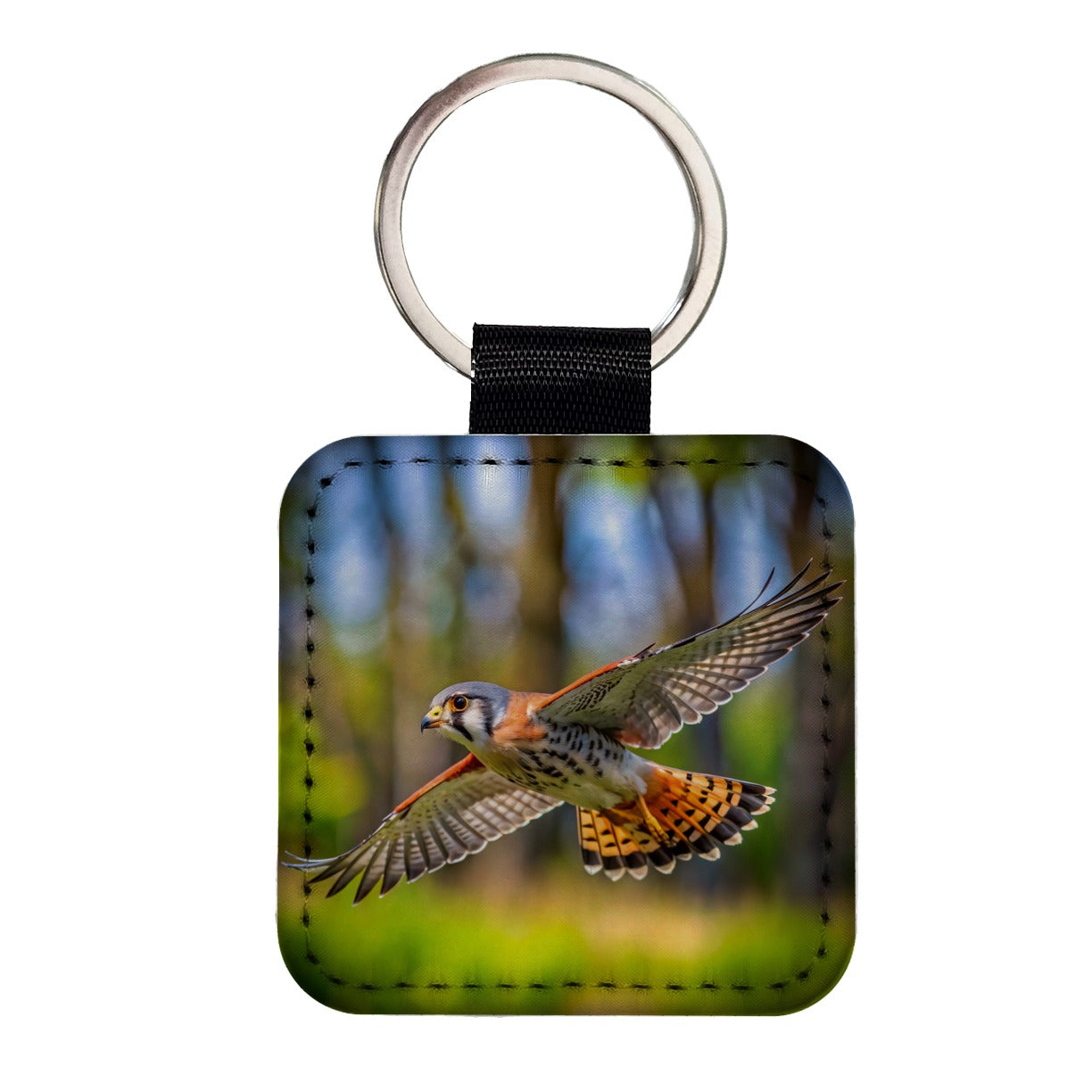 American Kestrel Raptor in Flight Square Faux Leather Keychain