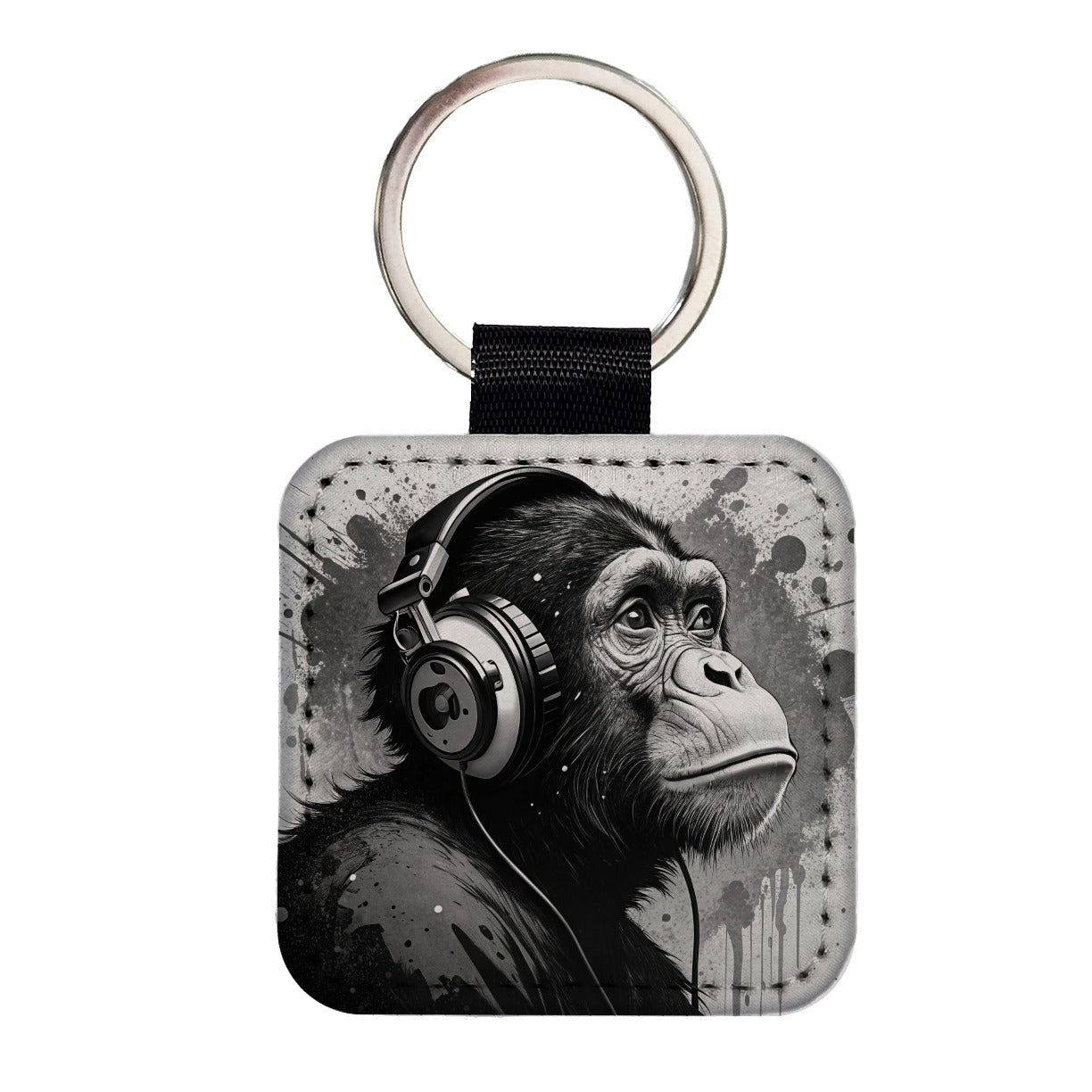 Artsy B&W Monkey with Headphones Square Faux Leather Keychain