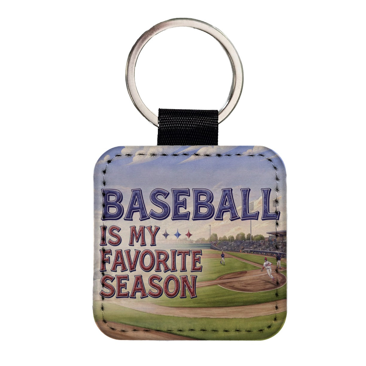 Baseball Is My Favorite Season Funny Illustration Square Faux Leather Keychain
