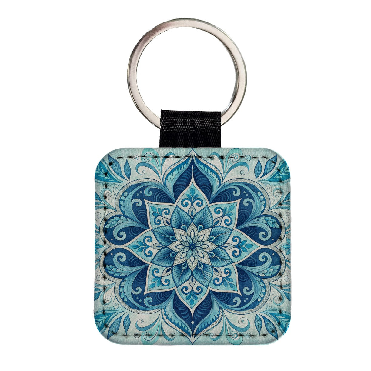 Blue Symmetrical Artistic Floral Pattern Square Faux Leather Keychain