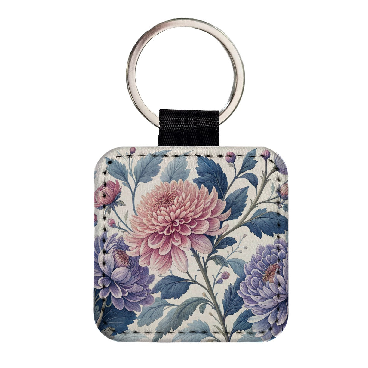 Flowers Pink Blue Purple Pattern Square Faux Leather Keychain