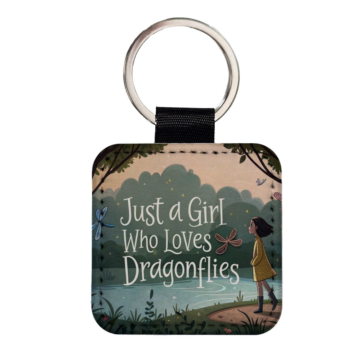 Just A Girl Who Loves Dragonflies Square Faux Leather Keychain